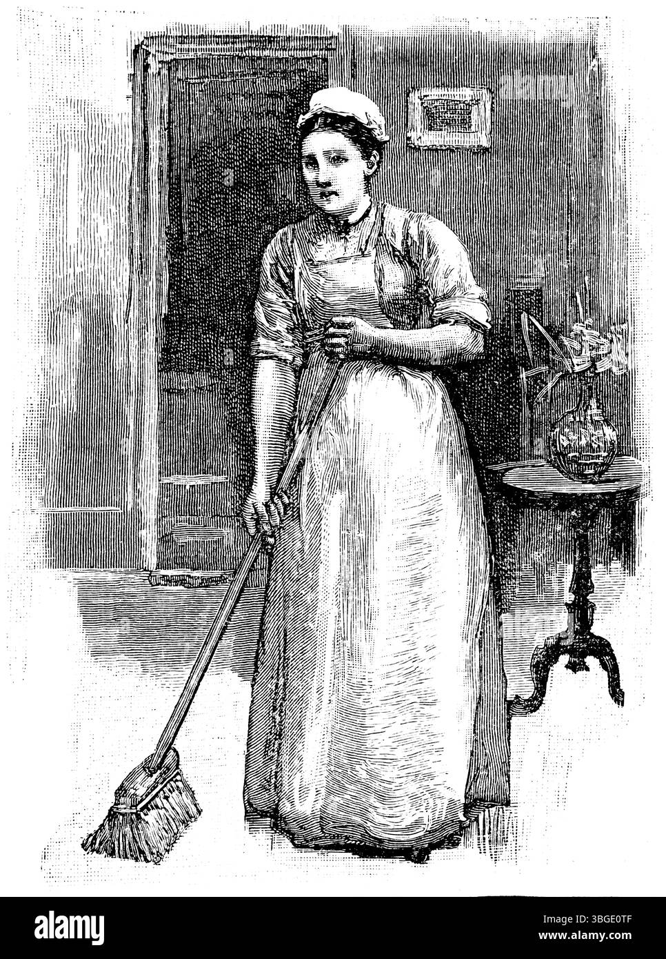 Victorian Domestic Service, cameriera spazzolatura piano della casa del datore di lavoro illustrazione con incisione, dal 1892 The Quiver Magazine Foto Stock