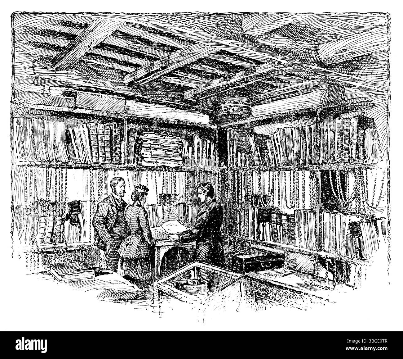 Wimborne Minster, The Chained Library, fondata nel 1686, incise illustrazioni in linea, dal 1892 The Quiver Magazine Foto Stock