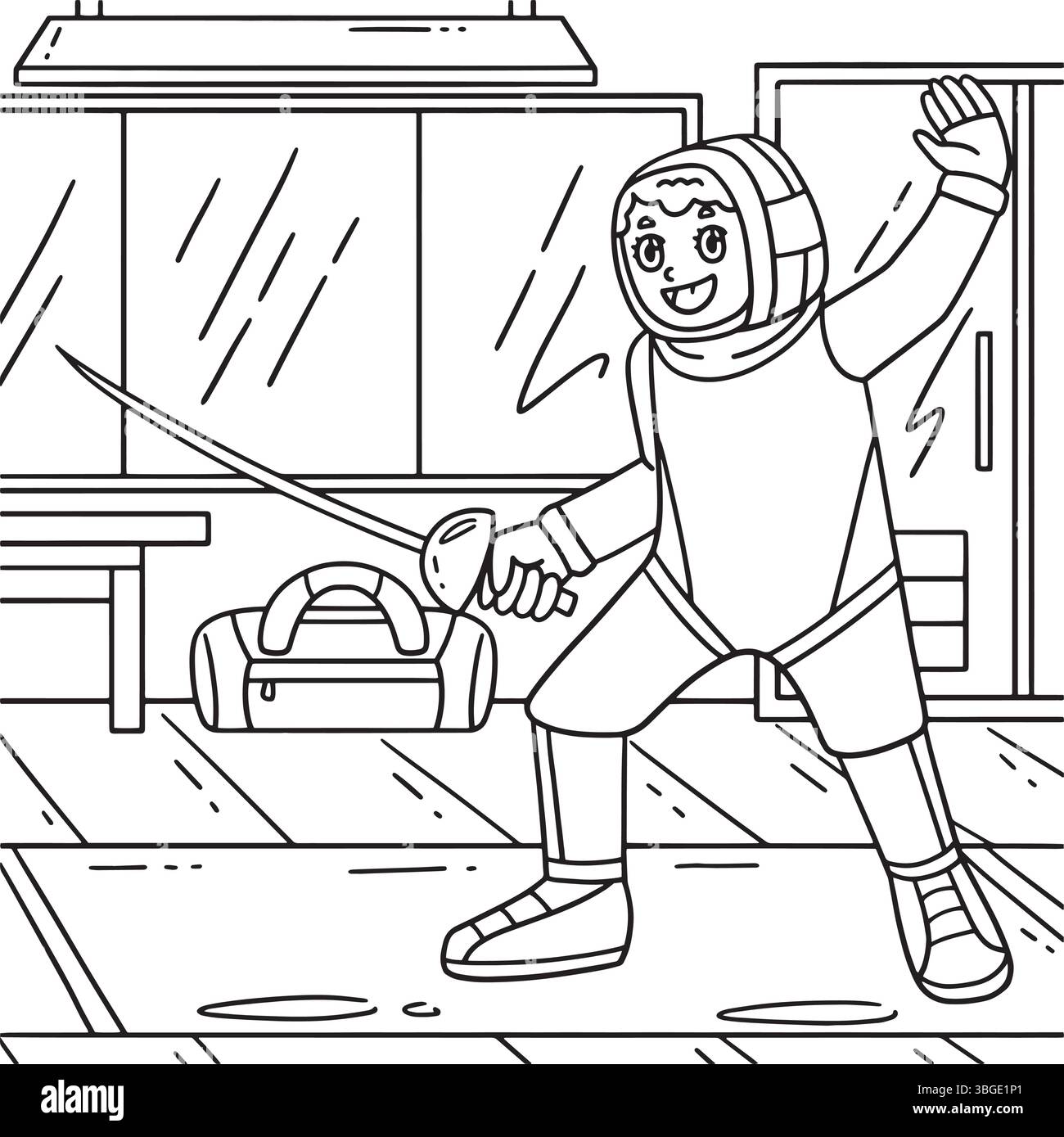 Scherma femmina scherma EN Garde Position Coloring Illustrazione Vettoriale