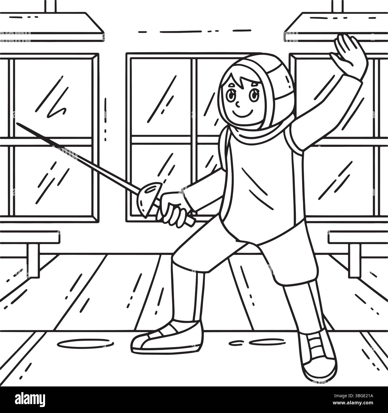 Scherma maschio Fencer EN Garde Position Coloring Illustrazione Vettoriale