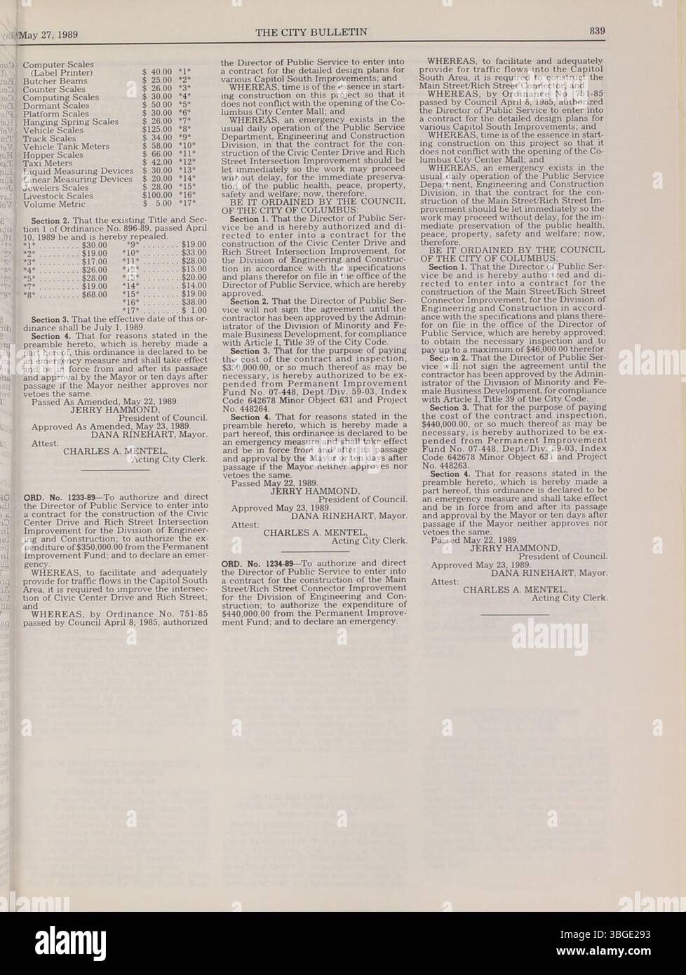 Nel Columbus City Bulletin del 1989, sono presentati gli atti del consiglio comunale, le attività di acquisto, le ordinanze e le risoluzioni, sotto la guida dell'impiegato della città. Foto Stock