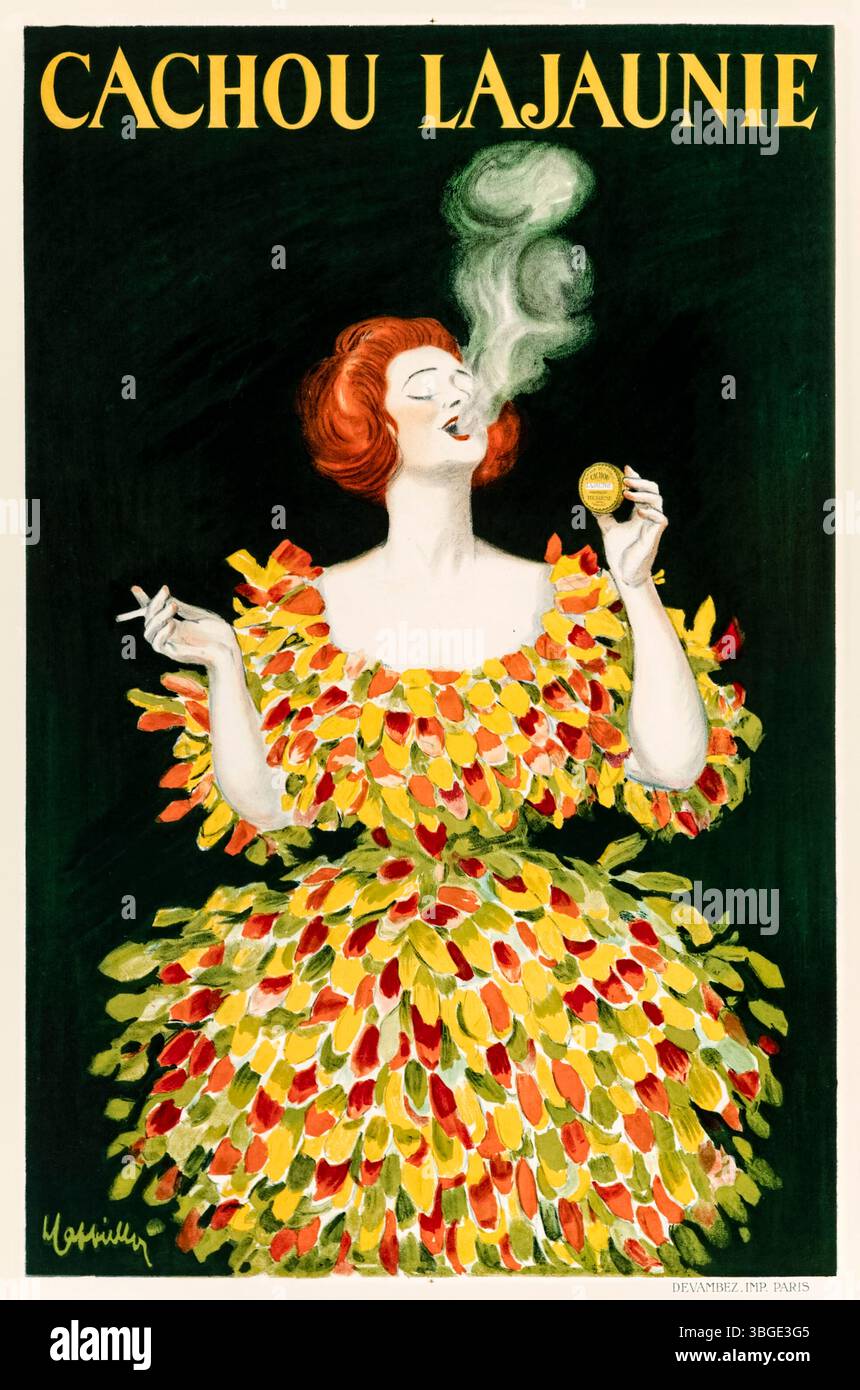 "Cachou Lajaunie" 1922 poster pubblicitario in stile Art Deco dell'artista italo-francese Leonetto Cappiello (1875-1942) che mostra una donna dai capelli rossi in un vivace abito giallo, arancione e verde simile a petali, tenendo una sigaretta in una mano e una scatola gialla di Cachou Lajaunie, una menta del respiro sviluppata a Tolosa, in Francia. Fotografia di un poster litografico originale del 1922 stampato da Devambez, Parigi. Crediti: Collezione privata / AF fotografie Foto Stock