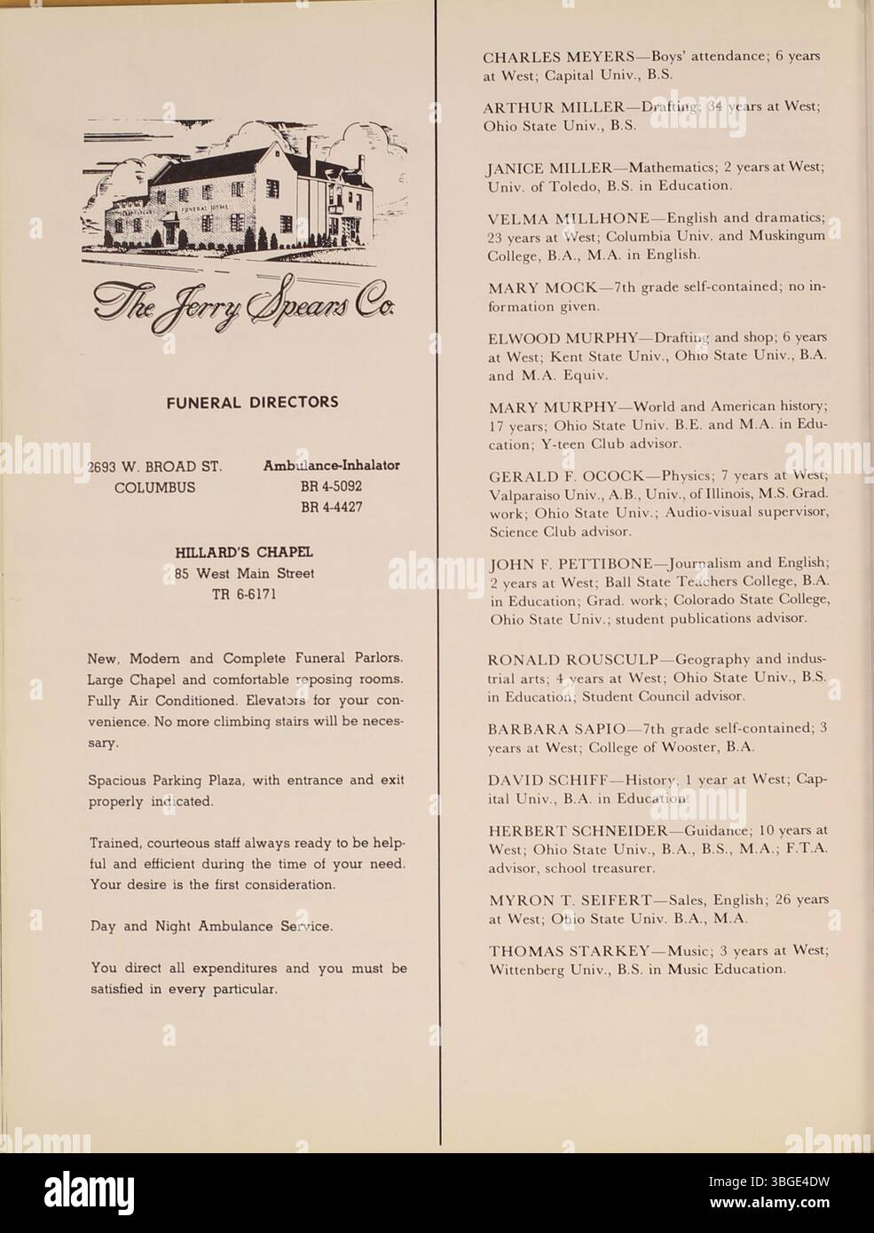 La West High School è stata inaugurata l'8 settembre 1908 al 120 di South Central Avenue. Nel 1916, aveva 19 insegnanti e 457 alunni. Il preside era otto H. Magly e il vice-preside era Augusta Connolley. La costruzione di un nuovo edificio iniziò il 6 giugno 1927, al 179 di South Powell Avenue, progettato da Howard Dwight Smith, l'architetto dell'Ohio Stadium (1918). La nuova West High aprì nel 1929 e l'edificio originale divenne la Starling Junior High School, che chiuse nel 2012. La Second West High era ancora operativa dal 2018. Foto Stock