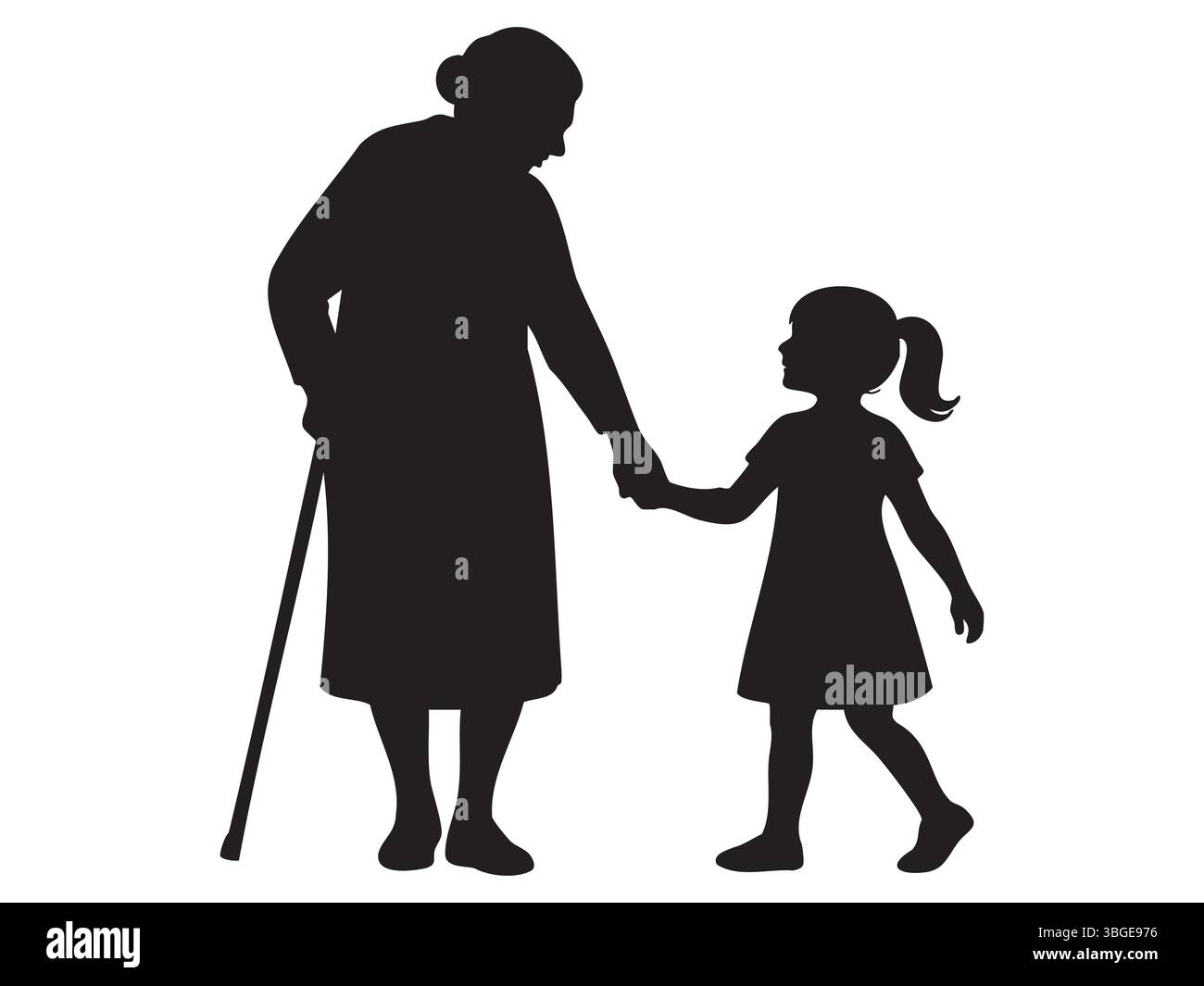 Silhouette nera di una donna anziana che cammina tenendo la mano della bambina, isolata su sfondo bianco, scena toccante. concetto di famiglia, generazioni, amore, cura, nonna e nipote, incollaggio. Illustrazione Vettoriale