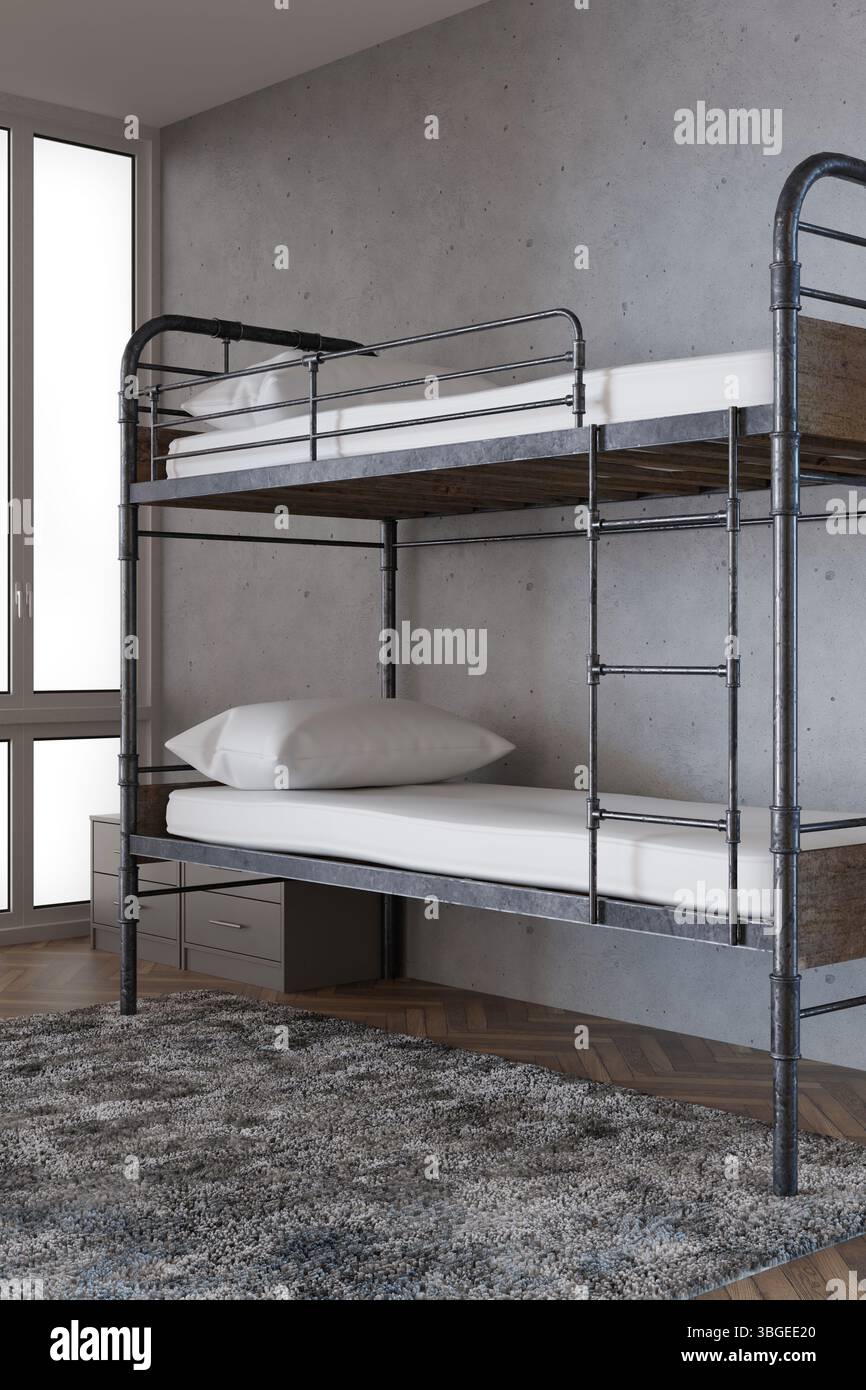 Gli interni di un ostello contemporaneo presentano un realistico rendering 3D di camere spaziose con letti a castello in metallo e un design pulito e minimalista. Grandi finestre Foto Stock
