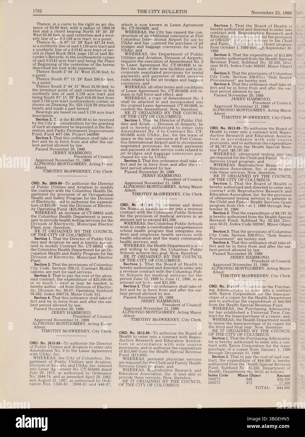 Questa sezione del Columbus City Bulletin 1989 include i procedimenti del consiglio comunale, le ordinanze approvate, le risoluzioni adottate, gli aggiornamenti del servizio pubblico e le attività del Consiglio di acquisto. Foto Stock