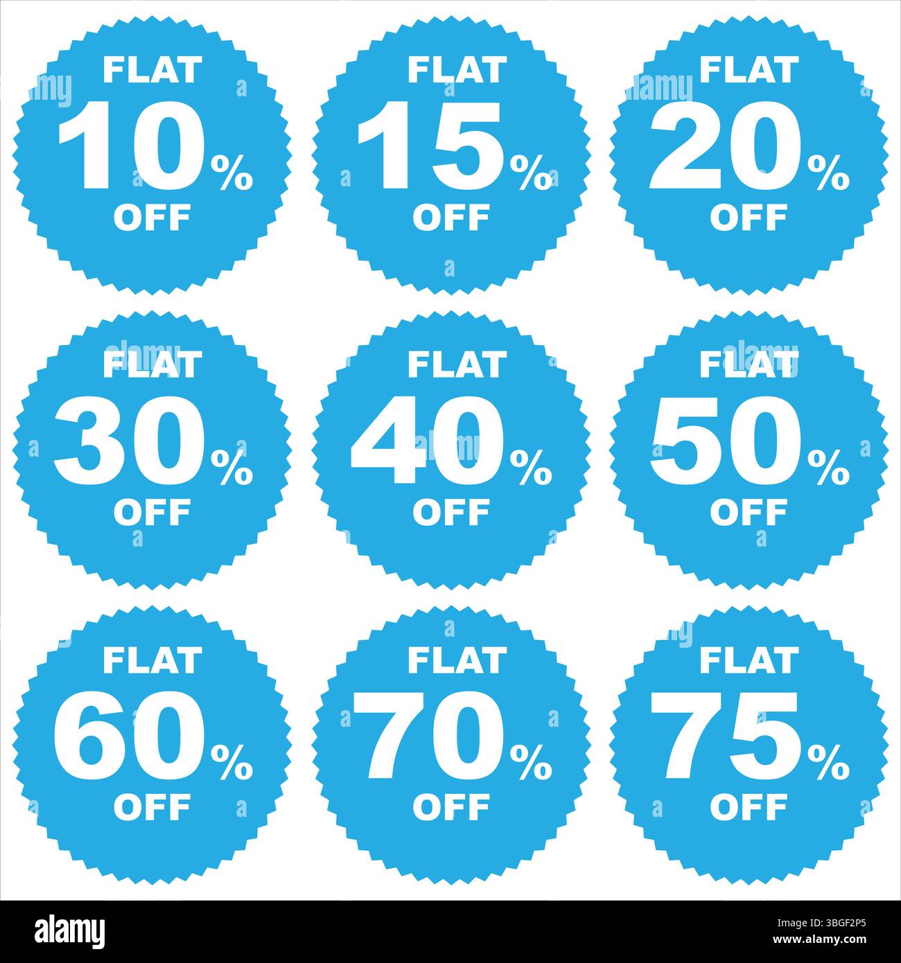 Set di pacchetti scontati dal 10% al 75% con sfondo bianco semplice, perfetto per promozioni sui social media e uso di marketing. Illustrazione Vettoriale