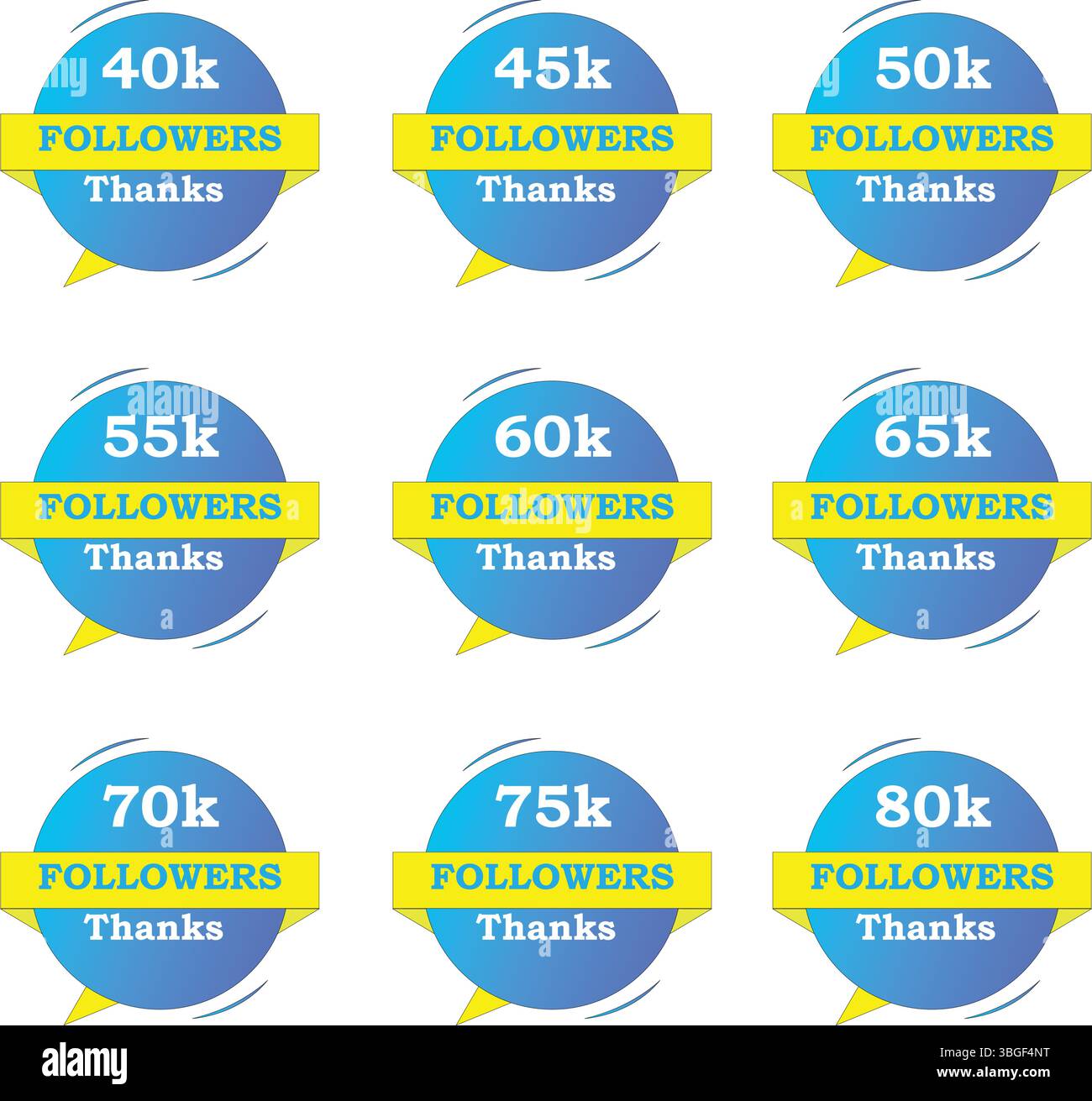 I follower offrono immagini da 40K a 80K con sfondi blu cielo sfumato, giallo e bianco. Design vettoriale modificabile ideale per social media e mark Illustrazione Vettoriale