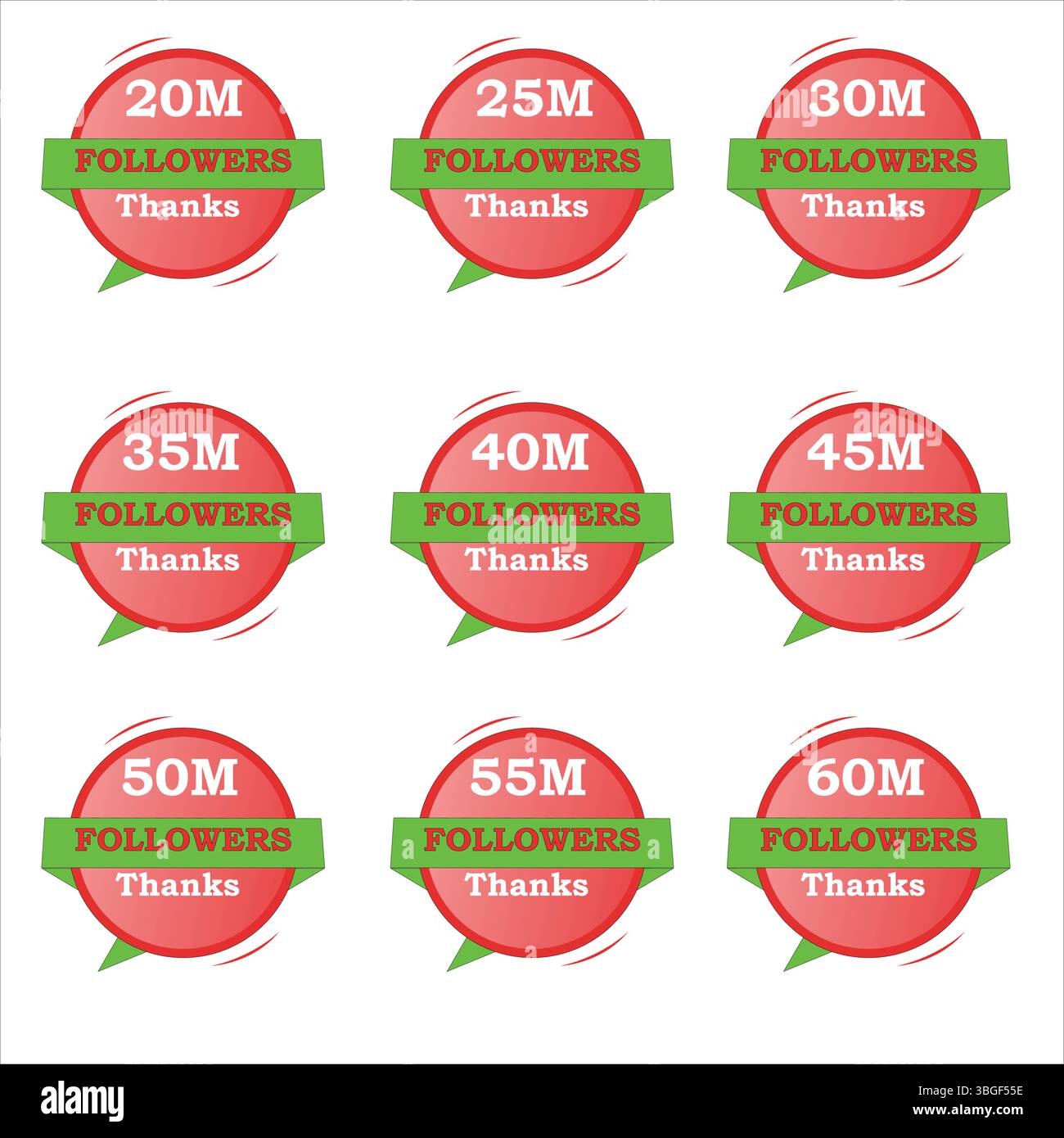 I follower includono immagini da 20 M a 60 M con sfondi sfumati rossi, verdi e bianchi. Design vettoriale modificabile ideale per social media e marketing. Illustrazione Vettoriale