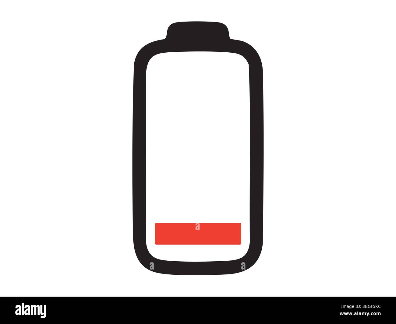 Illustrazione grafica dell'icona di una batteria che mostra un livello di carica basso in nero e rosso, isolata su sfondo bianco. concetto di energia, stato di alimentazione, icona, logo, ricarica, elemento di progettazione. Illustrazione Vettoriale