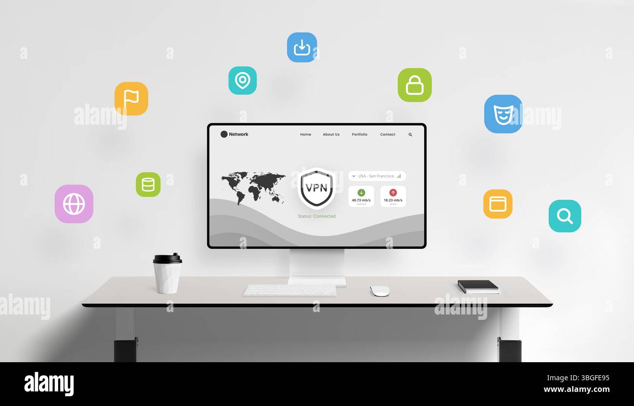 Moderna interfaccia dashboard VPN con icone mobili per privacy, crittografia e navigazione sicura sullo schermo del desktop in un ambiente ufficio pulito. Foto Stock
