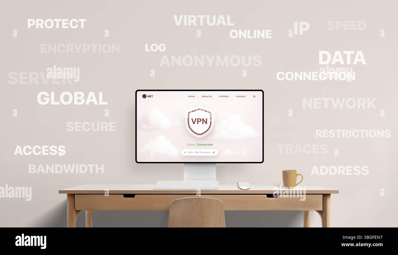 Dashboard VPN su schermo con numerose parole di wall come Protect, Virtual, Anonymous e online in una configurazione sicura dell'area di lavoro Foto Stock