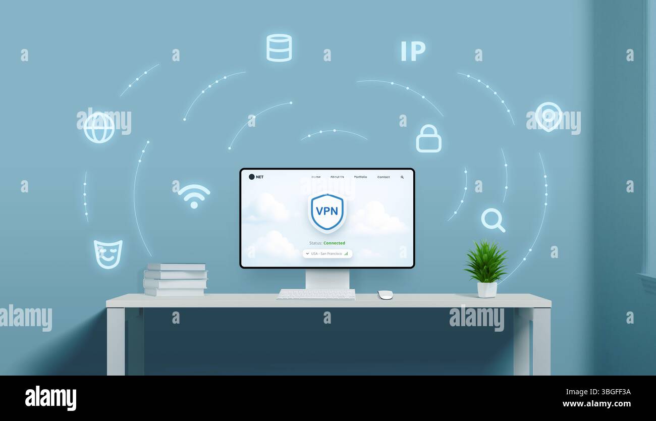 Concetto di VPN digitale con nodi cloud in movimento che collegano le icone di protezione intorno a una schermata centrale in un ambiente a tema tecnologico Foto Stock