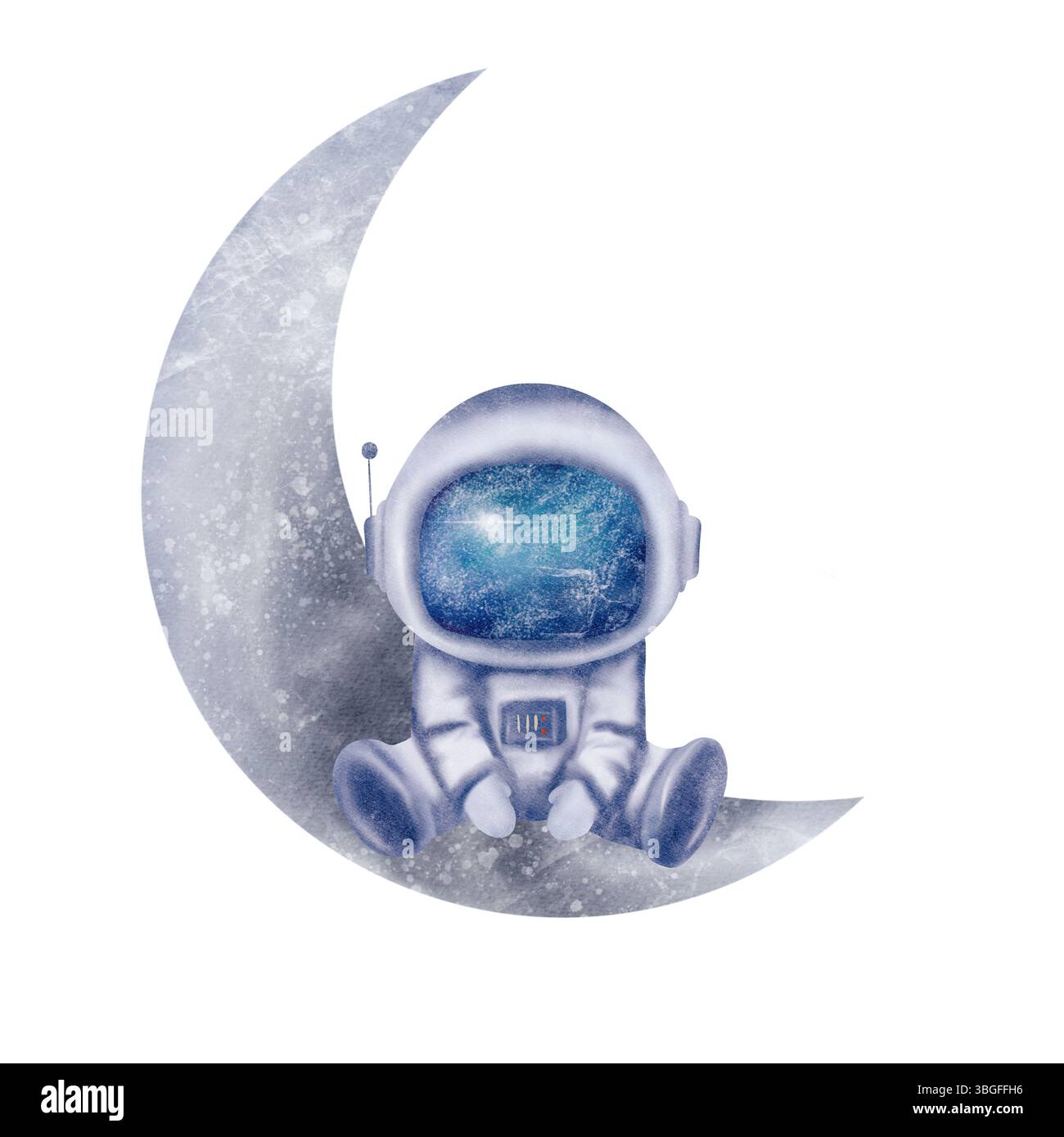 Bellissimo astronauta bianco e blu, cosmonauta in casco siede sulla mezzaluna, sulla luna. Illustrazione digitale acquerello Foto Stock