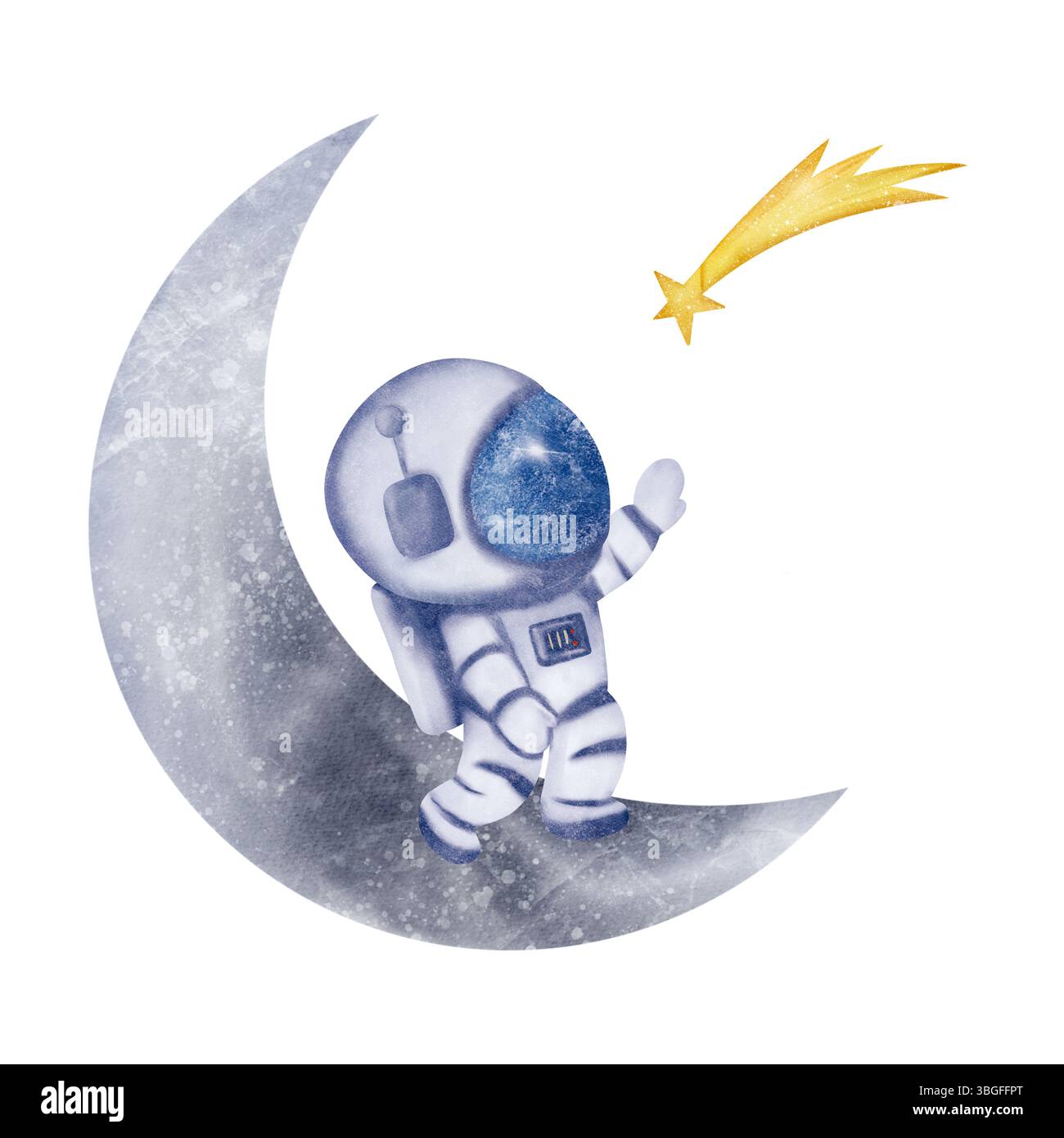 Bellissimo astronauta, cosmonauta nel casco, resta sulla mezzaluna, sulla luna e sulla stella che spara. Illustrazione digitale acquerello Foto Stock