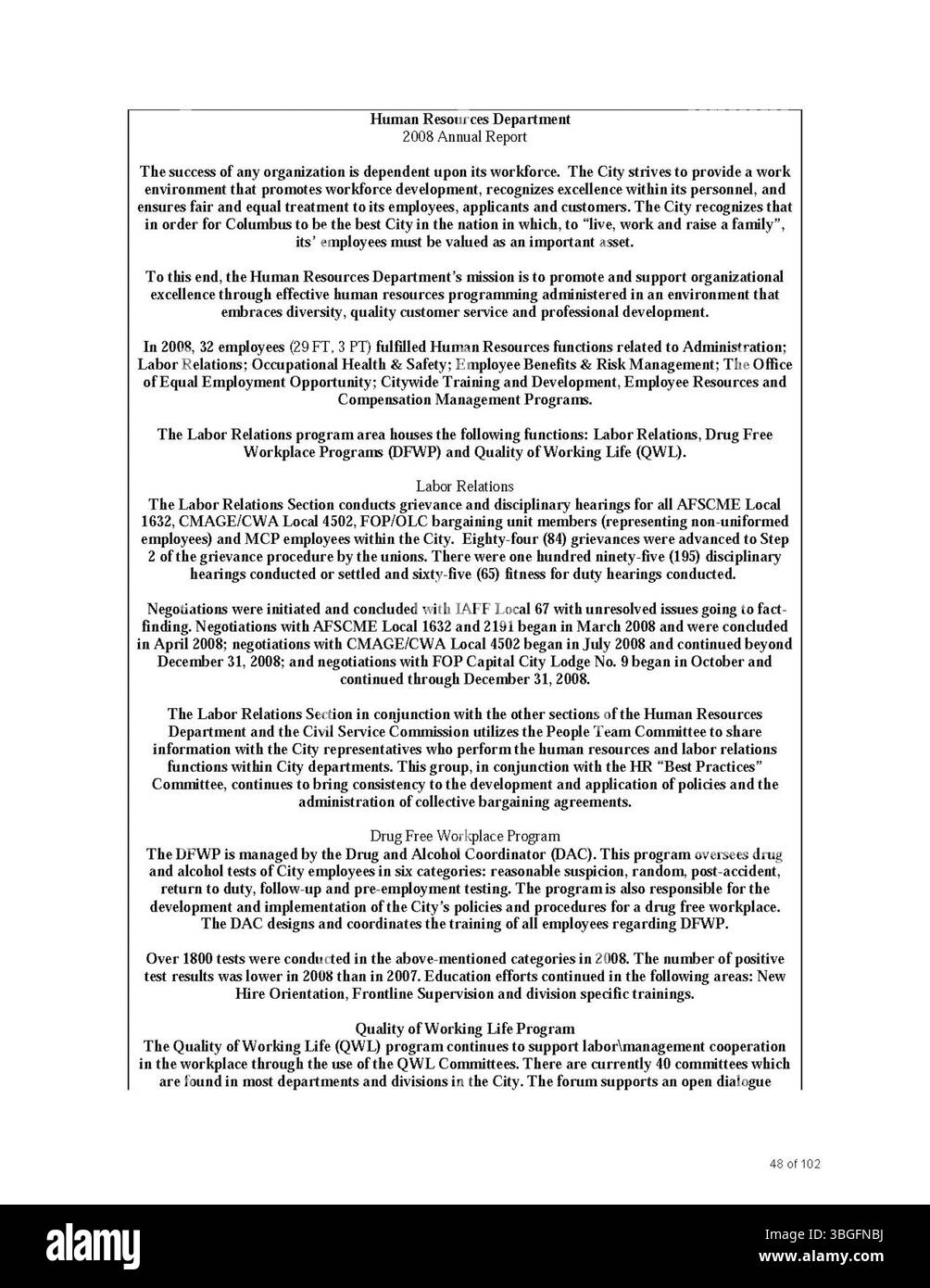 Il rapporto annuale della città di Columbus del 2008 include relazioni sulle entrate e le spese della città, nonché dettagli finanziari del City Clerk, del tesoriere della città e del Comitato delle vie e dei mezzi, che riflettono la salute fiscale della città. Foto Stock