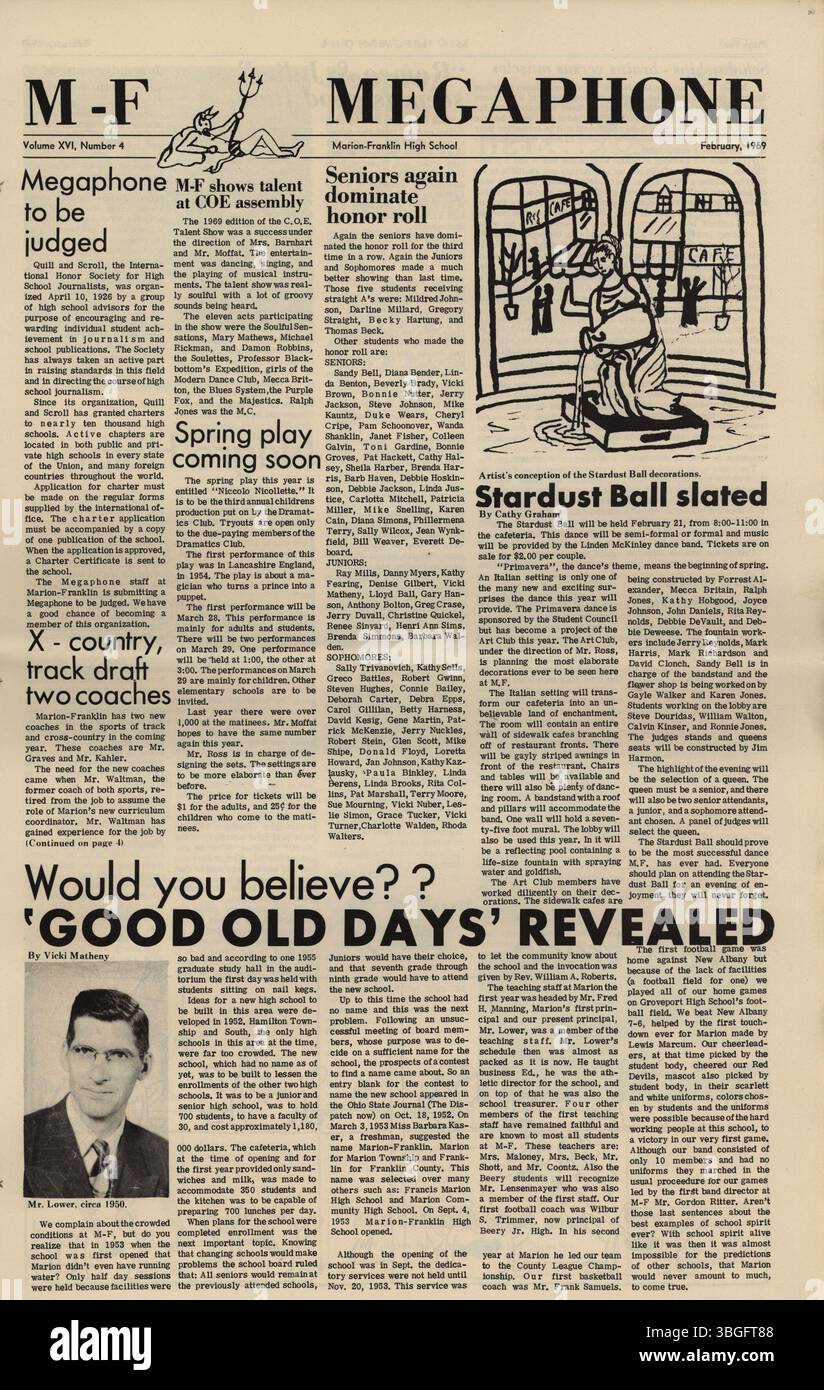 La Marion Franklin High School si trova al 1265 di Koebel Road a Columbus, Ohio. Aperto nel 1953 come parte del Marion Township School District, inizialmente serviva gli studenti nei gradi 7-12. L'immagine è tratta dall'edizione di febbraio 1969 dell'annuario megafono della scuola, con contenuti degli eventi e delle attività della scuola durante quel periodo. Foto Stock