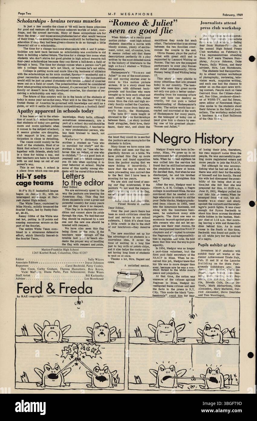La Marion Franklin High School è stata aperta nel 1953, situata al 1265 di Koebel Road a Columbus, Ohio. La scuola inizialmente offriva i voti 7-12 ed è stata dedicata il 20 novembre 1953. L'edizione di febbraio 1969 dell'annuario Megaphone mette in evidenza gli eventi scolastici e le attività di quel periodo. Foto Stock