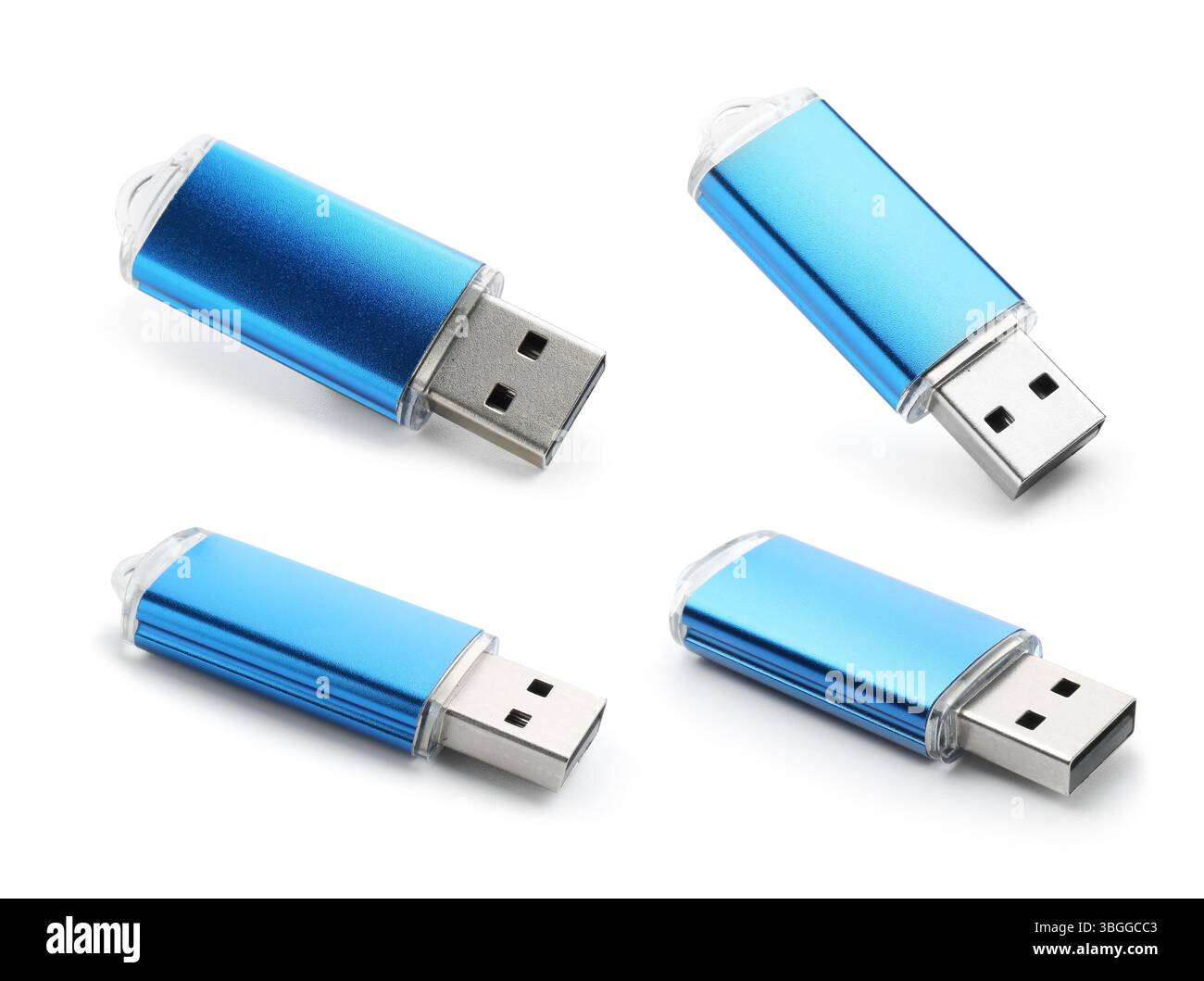 Unità flash blu isolata su bianco, collage. Vista da lati diversi Foto Stock