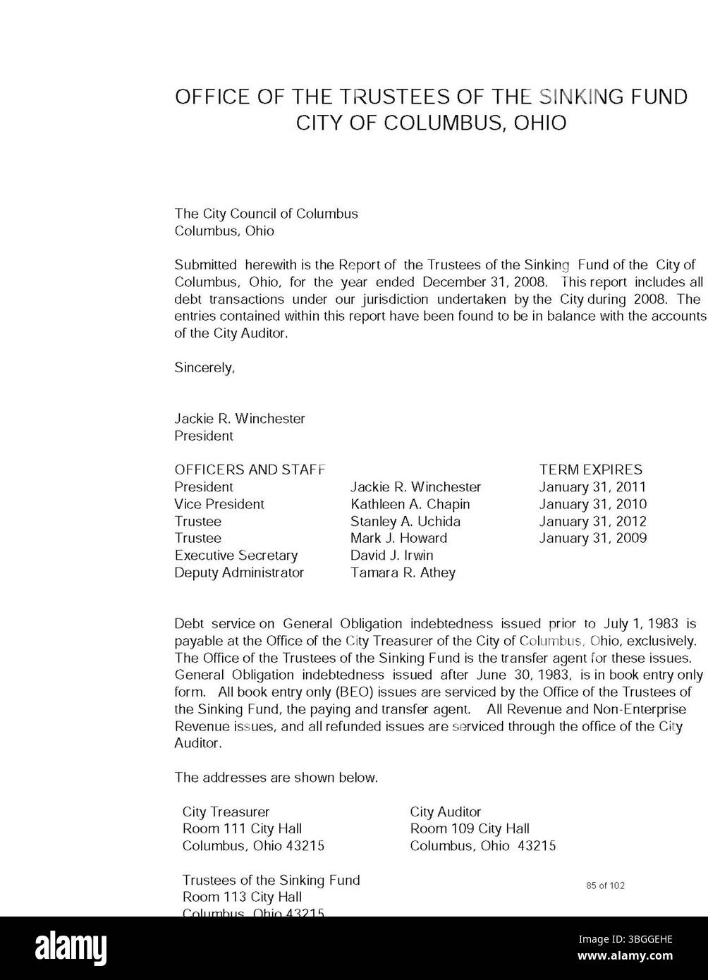Il Columbus Annual Report 2008 delinea le entrate e le spese, fornendo trasparenza sulla gestione finanziaria della città. I rapporti del Committee of Ways and Means, del City Clerk e del City Treasurer sono inclusi per descrivere in dettaglio le azioni fiscali. Foto Stock