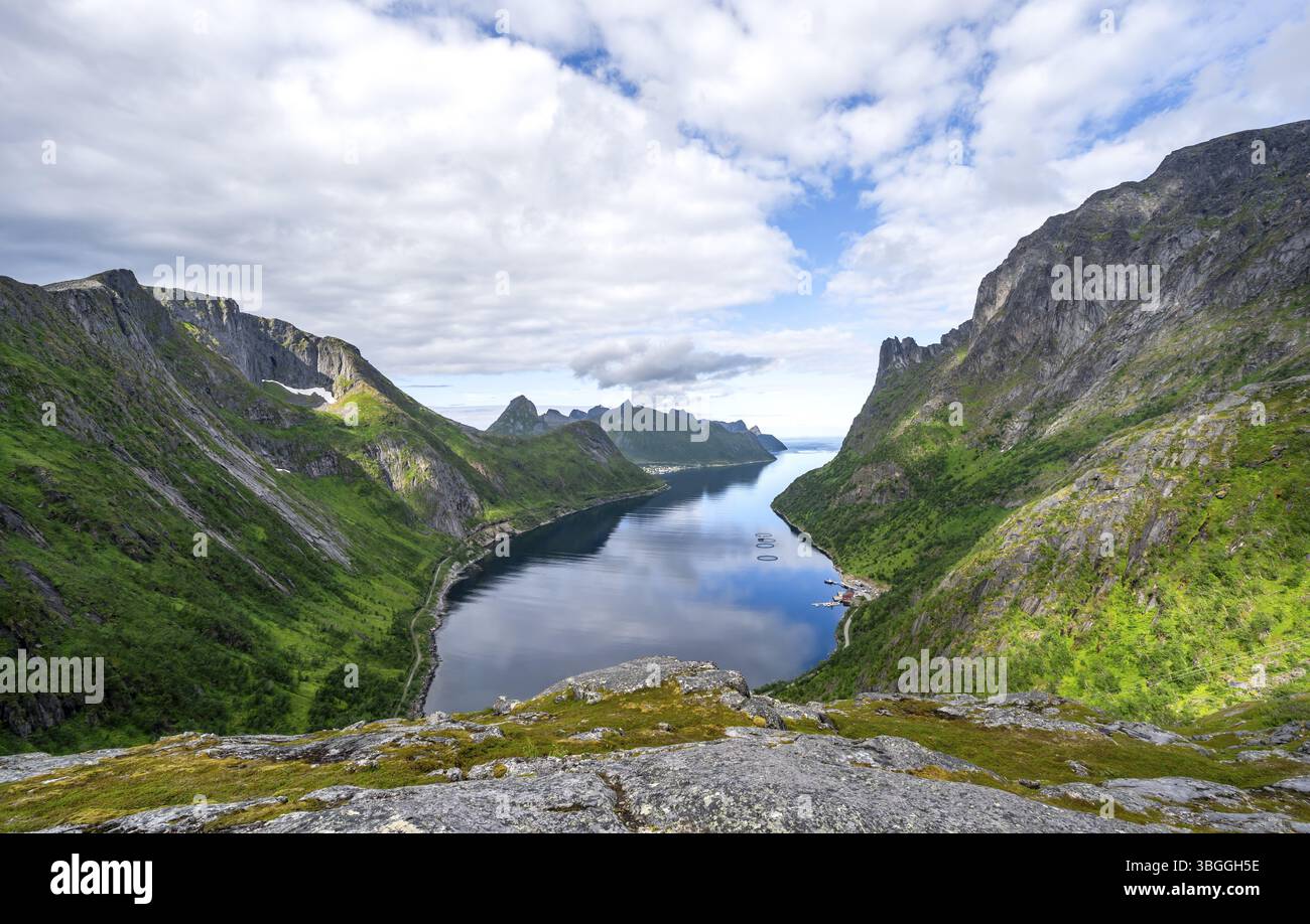 Vista del fiordo e delle montagne di Oyfjorden, paesaggio dei fiordi con vette, escursione al monte Barden, Senja, Norvegia, Europa Foto Stock