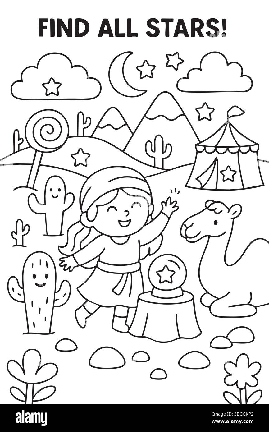 Una ragazza allegra è in piedi accanto a un cammello in una pagina colorata Illustrazione Vettoriale