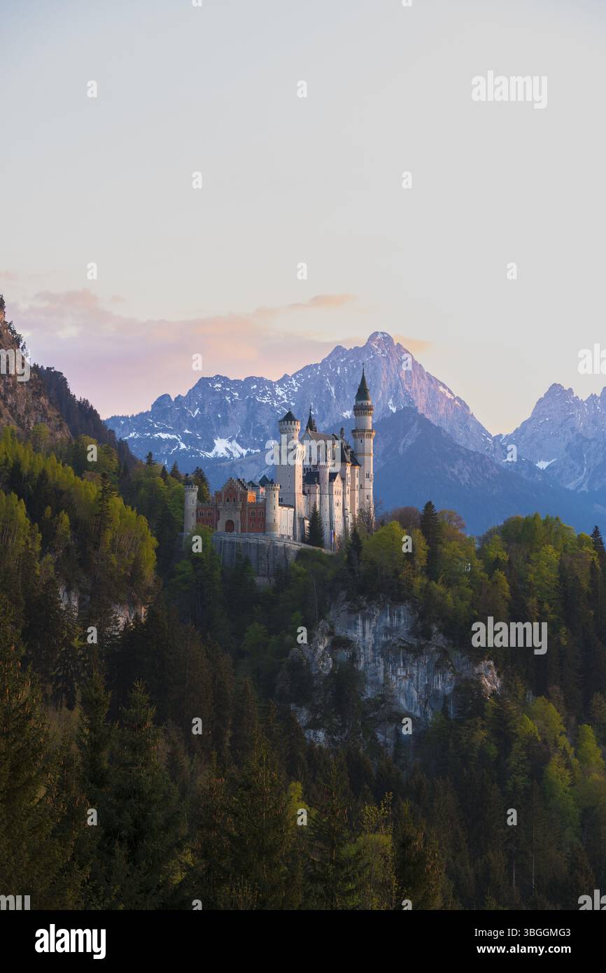 Romantico castello di Neuschwanstein di fronte alle pittoresche Alpi, Schwangau vicino a Fuessen, quartiere Ostallgaeu, Svevia, Baviera, Germania, Europa Foto Stock