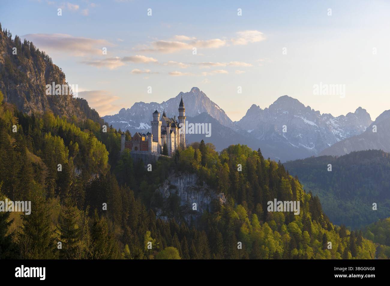 Il castello sorge maestosamente di fronte a un panorama alpino di sera, Neuschwanstein, Schwangau vicino a Fuessen, Ostallgaeu, Svevia, Baviera Foto Stock