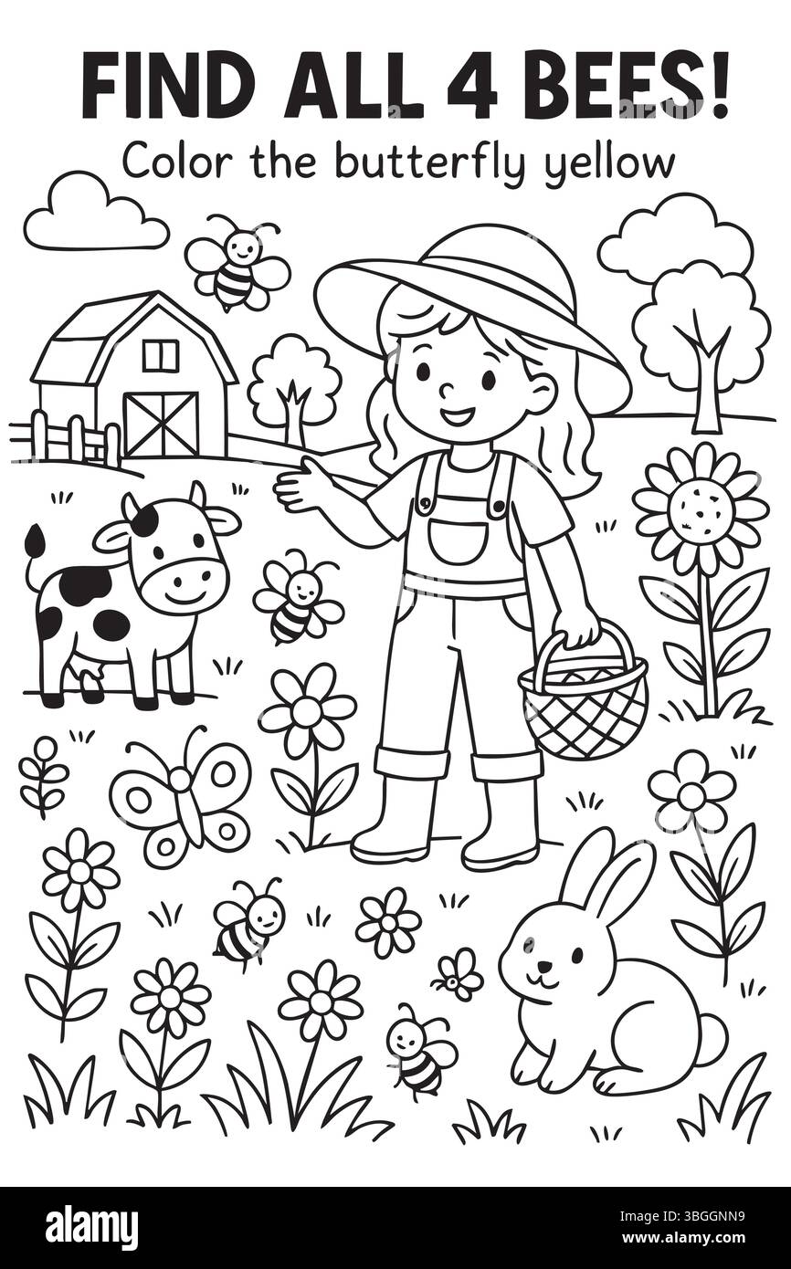 Farm Girl Bee Hunt Coloring Page Illustrazione Vettoriale