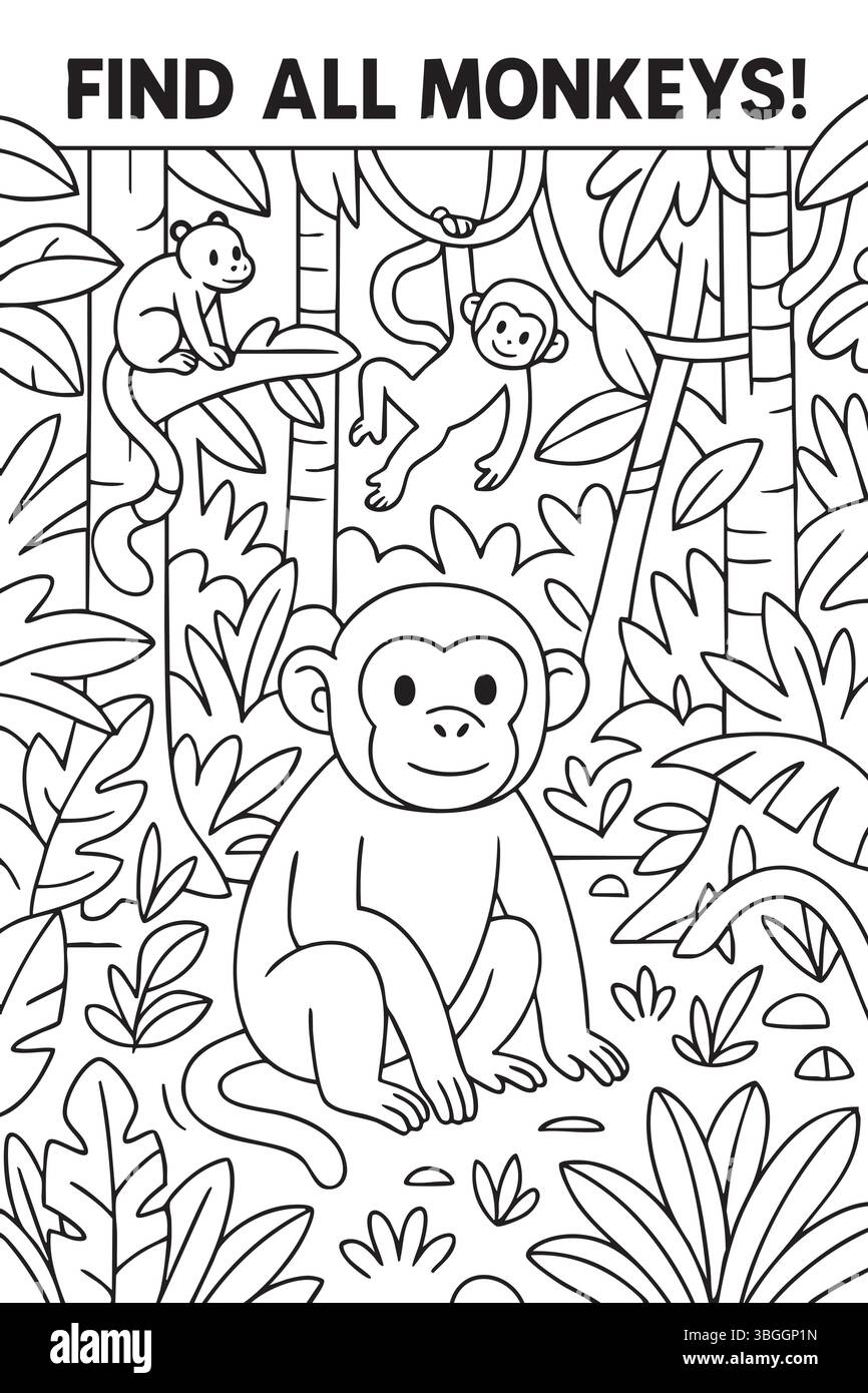 Una linea bianca e nera che raffigura una scimmia nella giungla Illustrazione Vettoriale