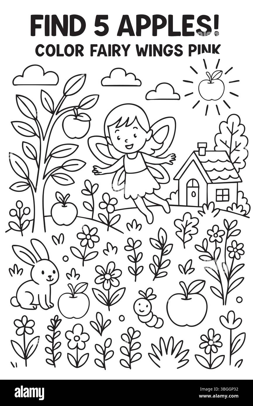 Colorate 5 bellissime mele e una deliziosa fata con le pinkate Illustrazione Vettoriale