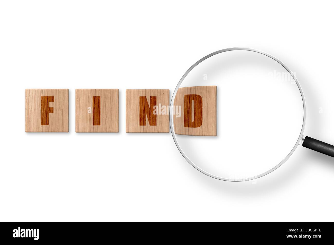 SCOPERTA DI parole fatta di piastrelle di legno quadrate. Visualizzazione tramite lente di ingrandimento Foto Stock