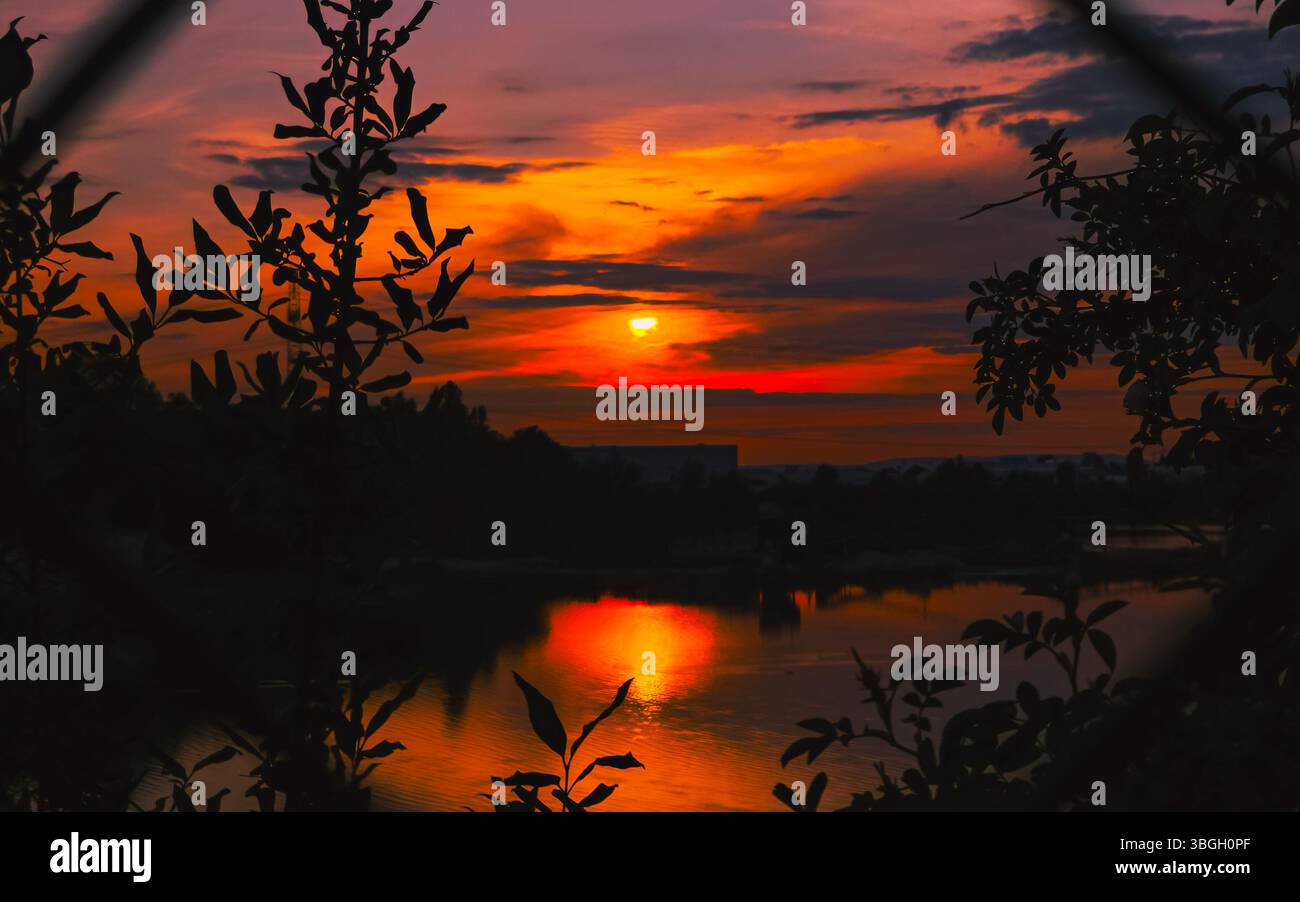 Tramonto infuocato incorniciato da un fogliame sagomato su un lago riflettente Foto Stock