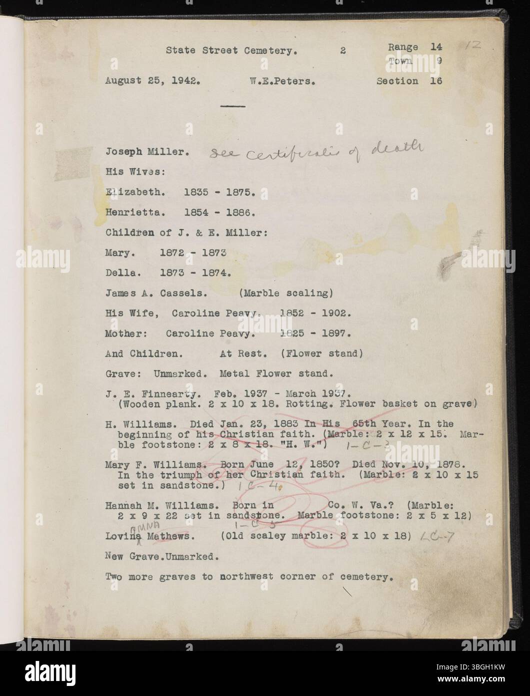 Pagina 10 del Range Book v. 11 continua la documentazione della città di Atene, concentrandosi su cimiteri, tumuli dei nativi americani e scuole. Il West State Street Cemetery è un punto centrale del libro degli album. Foto Stock