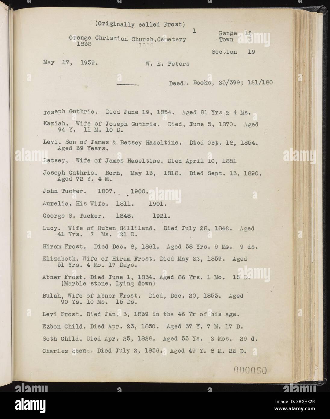 Pagina 126 di Range Book v. 13 presenta fotografie di Cartagine e Rome Townships, Athens County, Ohio, scattate da W.E. Peters dal 1938 al 1947. La collezione mette in evidenza cimiteri, tumuli dei nativi americani e altri luoghi di interesse storico. Peters mirava a documentare queste caratteristiche in quanto rischiavano di scomparire o di essere distrutte a causa di negligenza o sviluppo. Foto Stock