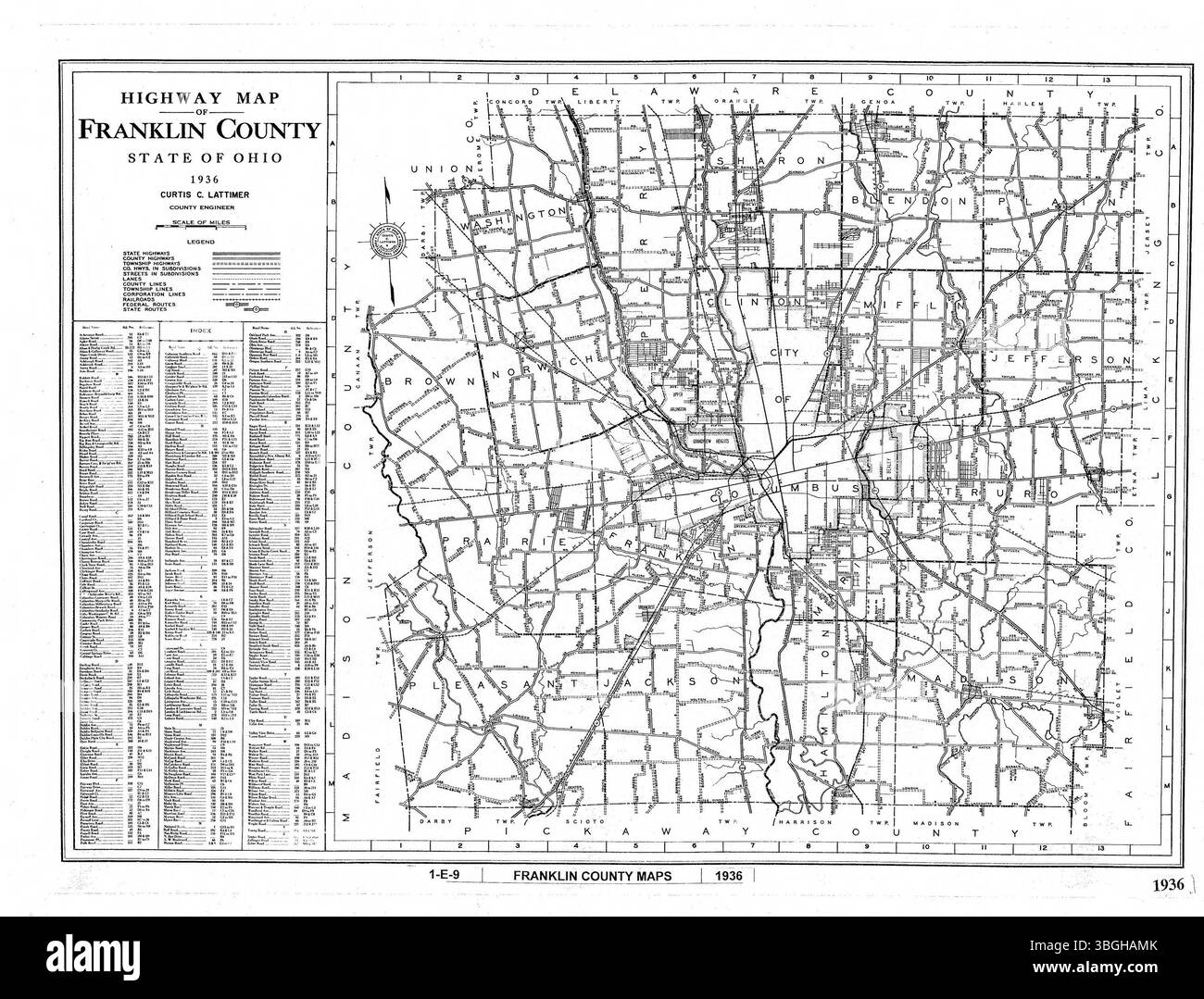 La mappa della contea di Franklin del 1936 fornisce una vista completa delle township e delle principali strade della contea, offrendo un'istantanea della geografia dell'area durante gli anni '1930 Foto Stock