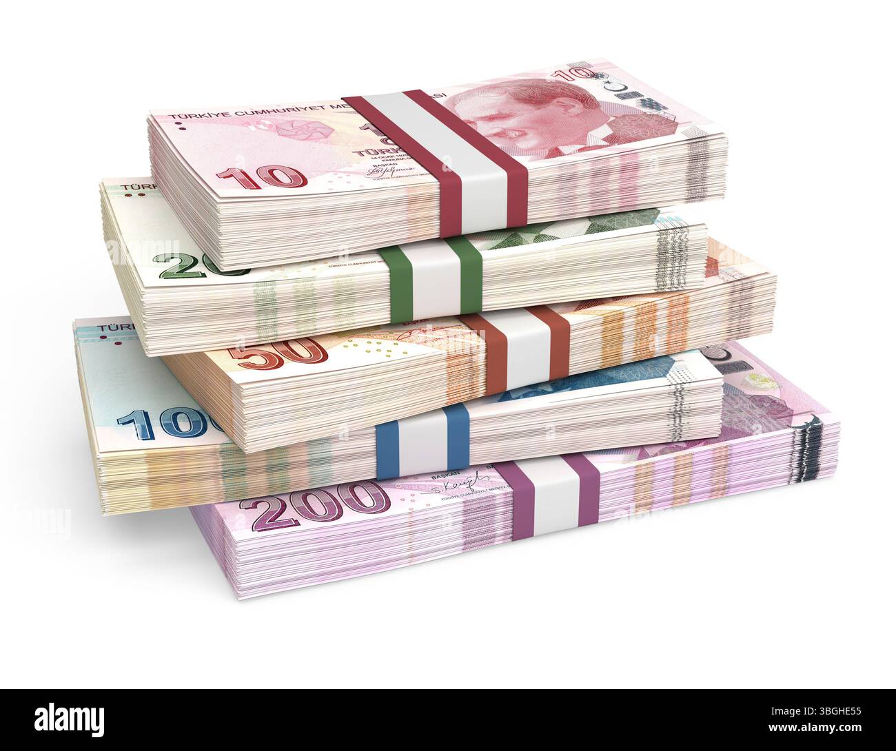 Le banconote turche della lira si accumularono e si bandirono, valuta turca Foto Stock