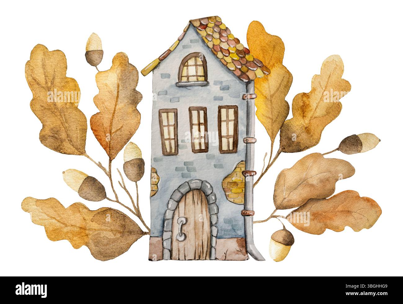 Dipinti ad acquerello di una vecchia casa circondata da foglie di quercia, illustrazione d'autunno Foto Stock
