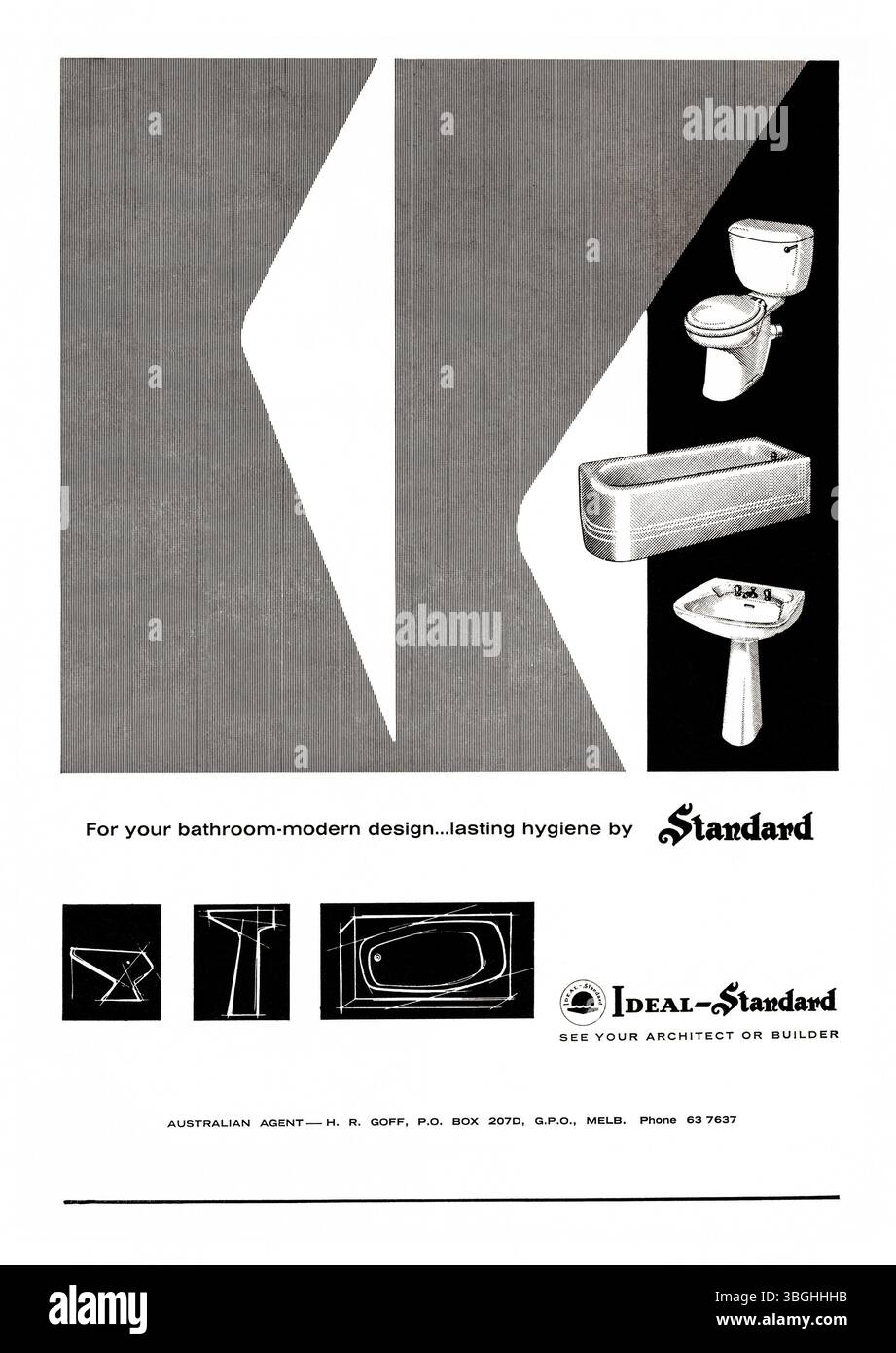 Un annuncio degli anni '1960 per una suite da bagno Ideal-Standard - è apparso in una rivista australiana nel 1962. Il design moderno è migliorato da un annuncio molto grafico in bianco e nero, con grafica vintage anni '60. Foto Stock