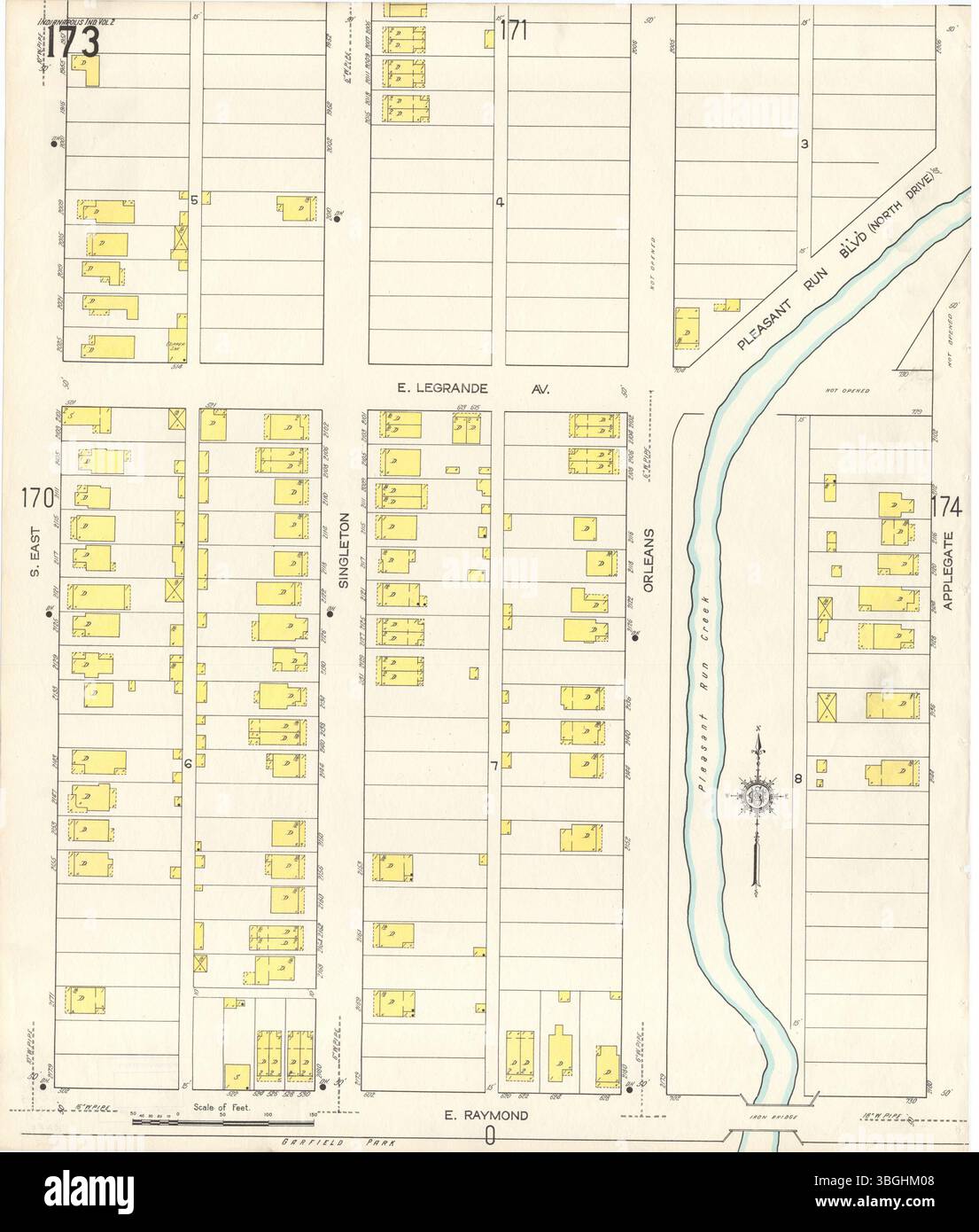 La 1915 Indianapolis Sanborn Map (#173) fornisce una copertura dettagliata delle strade, delle proprietà e dei quartieri della città durante quel periodo di tempo. Foto Stock
