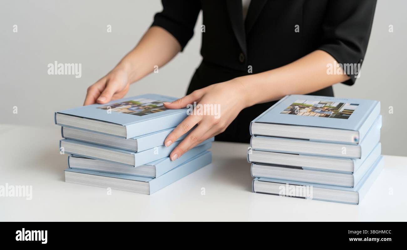 Donna in abiti neri che dispone di libri fotografici con copertina rigida su una scrivania bianca in un interno minimal. Adatto per editoria, fotografia, stampa personalizzata Foto Stock