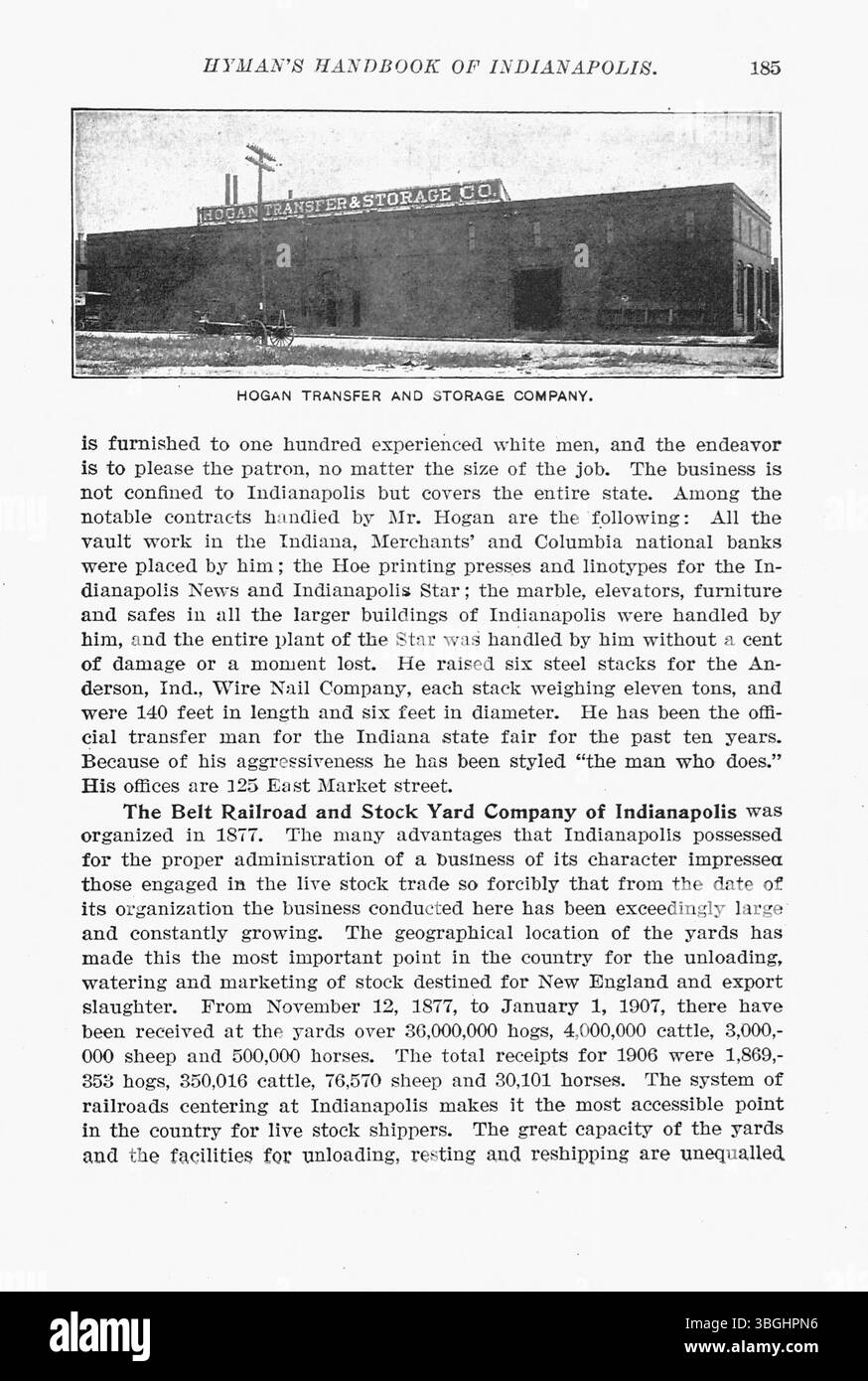 La pagina 186 di "Hyman's Handbook of Indianapolis" offre un'ulteriore documentazione sull'evoluzione della capitale, con oltre 300 fotografie che raccontano i suoi progressi dalla prima storia al 1907. Foto Stock