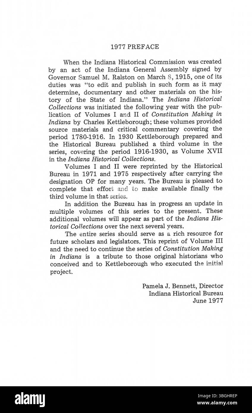 Una pagina tratta dal Vol. 3 di "Constitution Making in Indiana", incentrata sulle prime fasi dello sviluppo costituzionale dello Stato nel 1977. Foto Stock