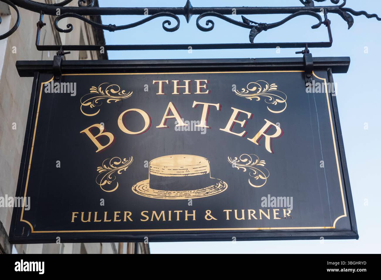 Inghilterra, Somerset, Bath, Pulteney Bridge, cartello Boater Pub Foto Stock