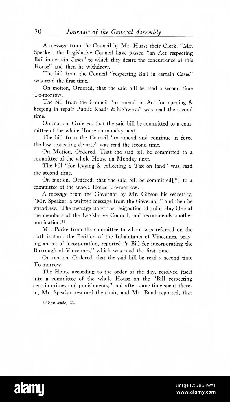 Pagina 80 delle 1805-1815 riviste dell'Assemblea generale del territorio dell'Indiana, che documentano i procedimenti legislativi e le decisioni prese durante questo primo periodo di governo dell'Indiana. Foto Stock