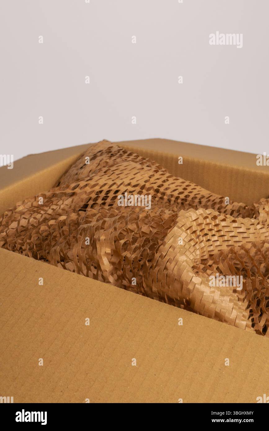 Scatola di cartone aperta con imballaggio riciclato sostenibile, con carta marrone e imbottitura a nido d'ape. Foto Stock