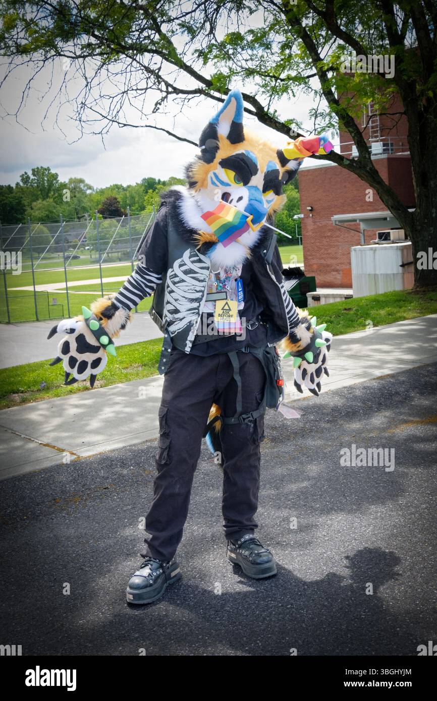 Una donna trans vestita con un costume completo posa + coda lunga alla parata del New Paltz Pride del 2025 nella contea di Ulster, New York. Foto Stock