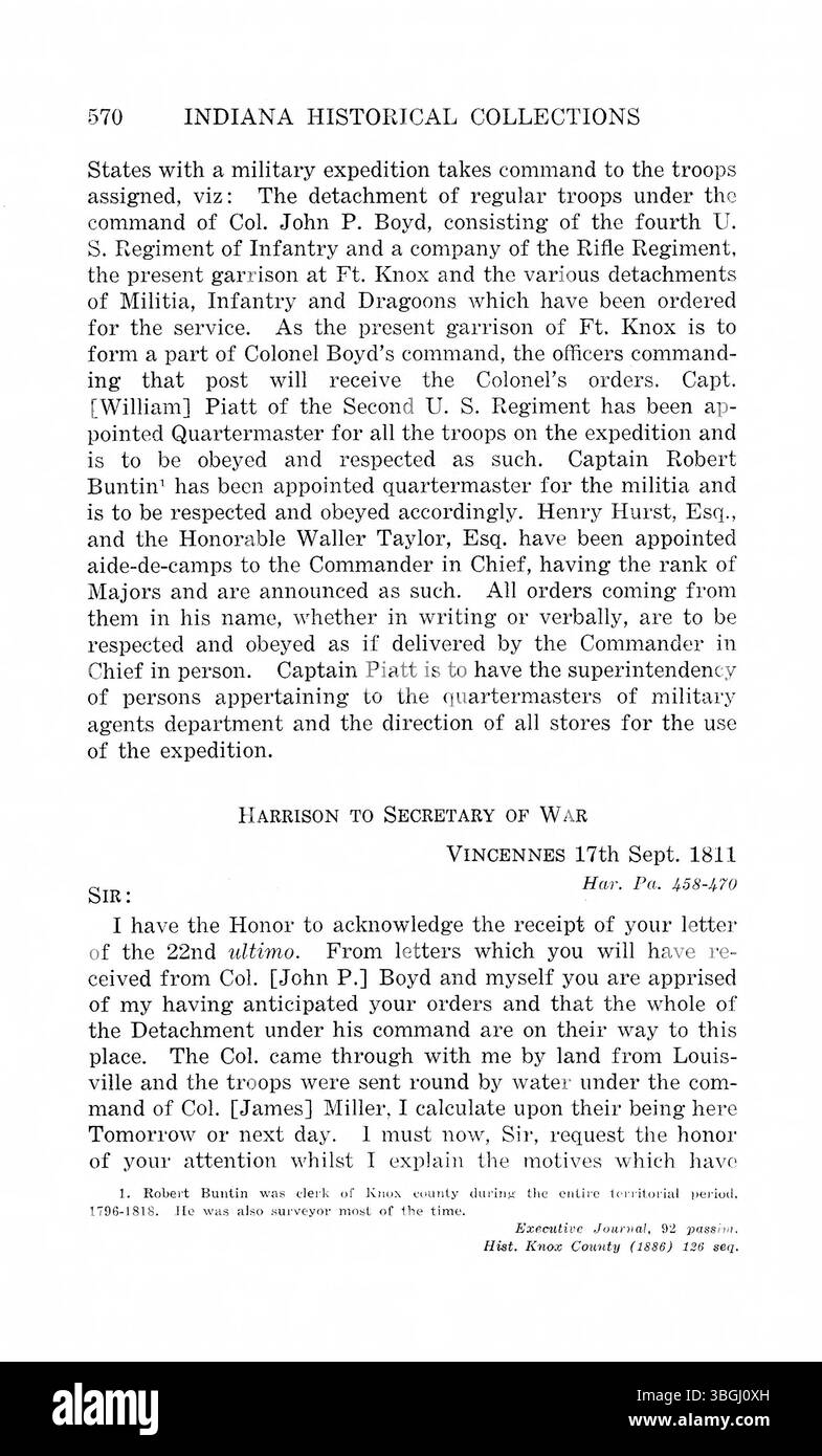 Una raccolta di messaggi e lettere di William Henry Harrison e altri governatori del territorio dell'Indiana, che coprono gli anni dal 1800 al 1816. Foto Stock
