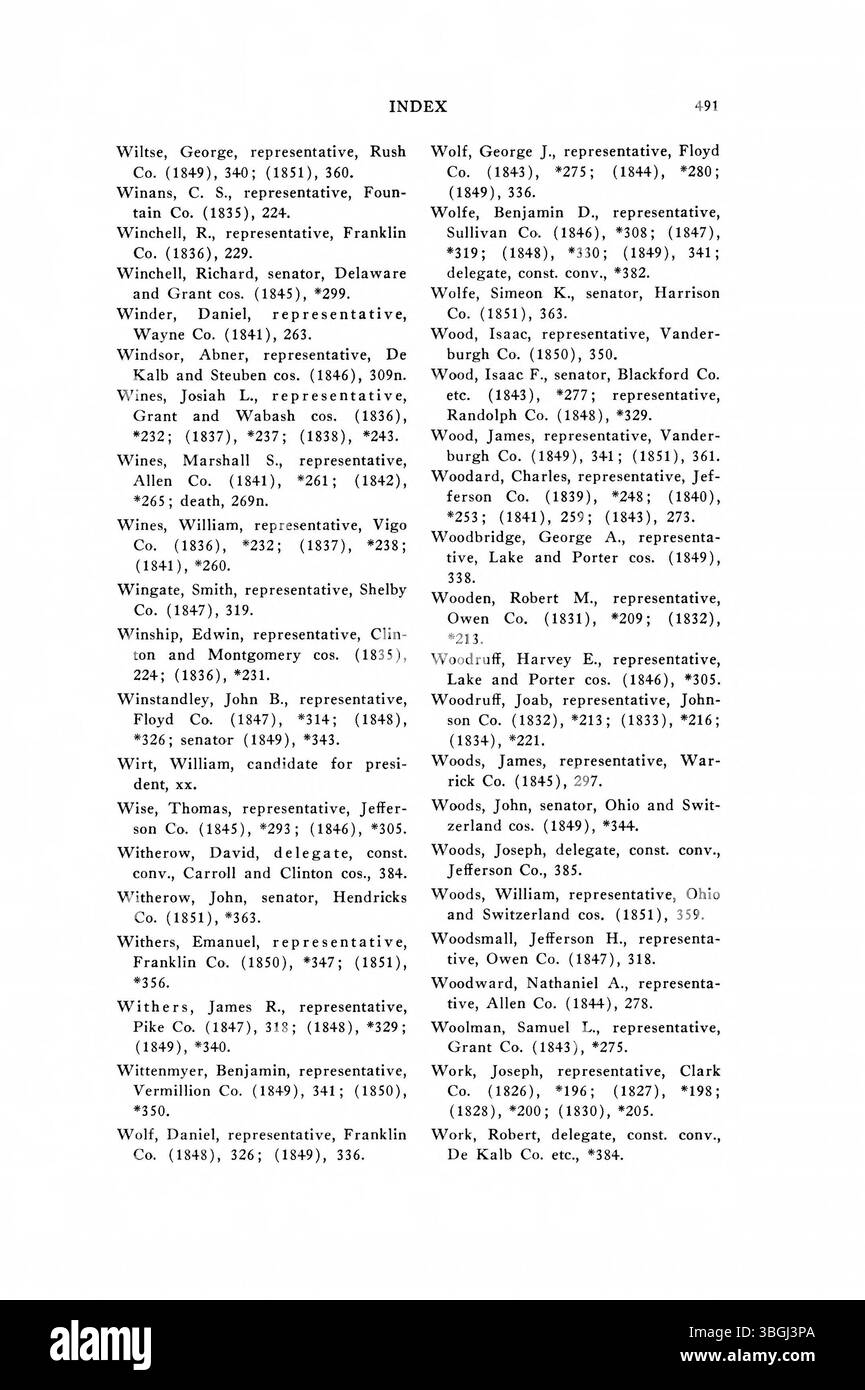 Questa pagina fornisce ulteriori dati sul ritorno delle elezioni dal documento di ritorno delle elezioni dell'Indiana del 1816-1851. Presenta i risultati delle elezioni statali e locali, mostrando le prime tendenze politiche in Indiana. Foto Stock