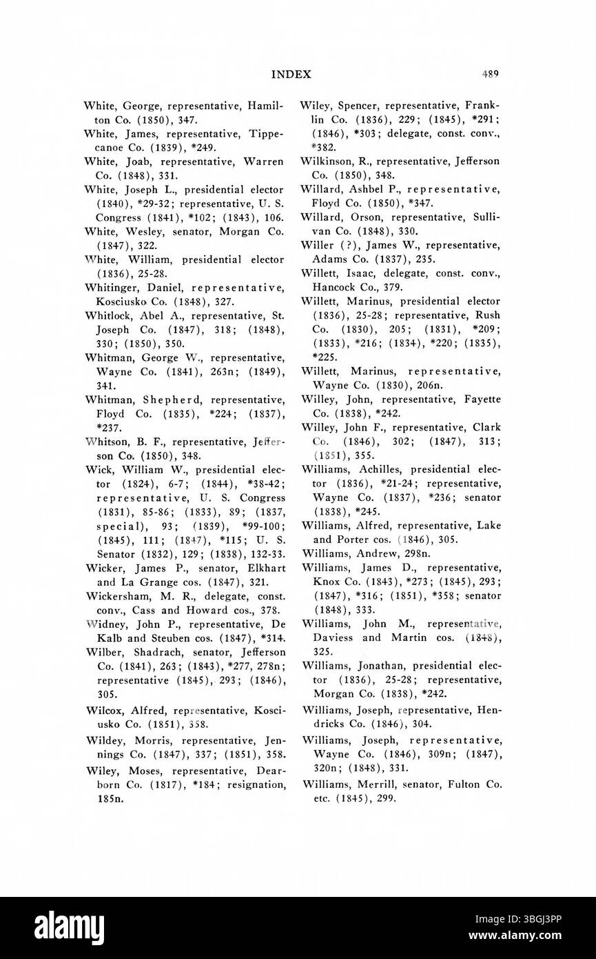 Questa pagina del documento di restituzione delle elezioni dell'Indiana del 1816-1851 presenta i dati dettagliati delle elezioni dei primi anni dello stato. Esso comprende i risultati di varie elezioni locali e statali durante questo periodo. Foto Stock